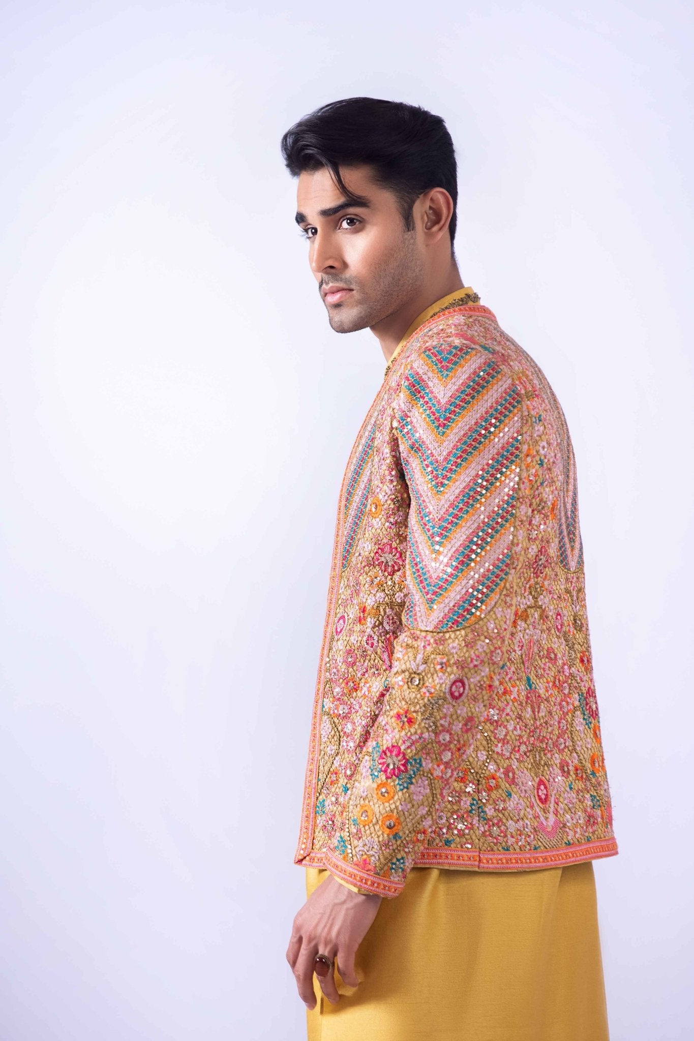 Mustard Multi-Embroidered Raw Silk Waistcoat Kurta (4-Piece) - Image 5