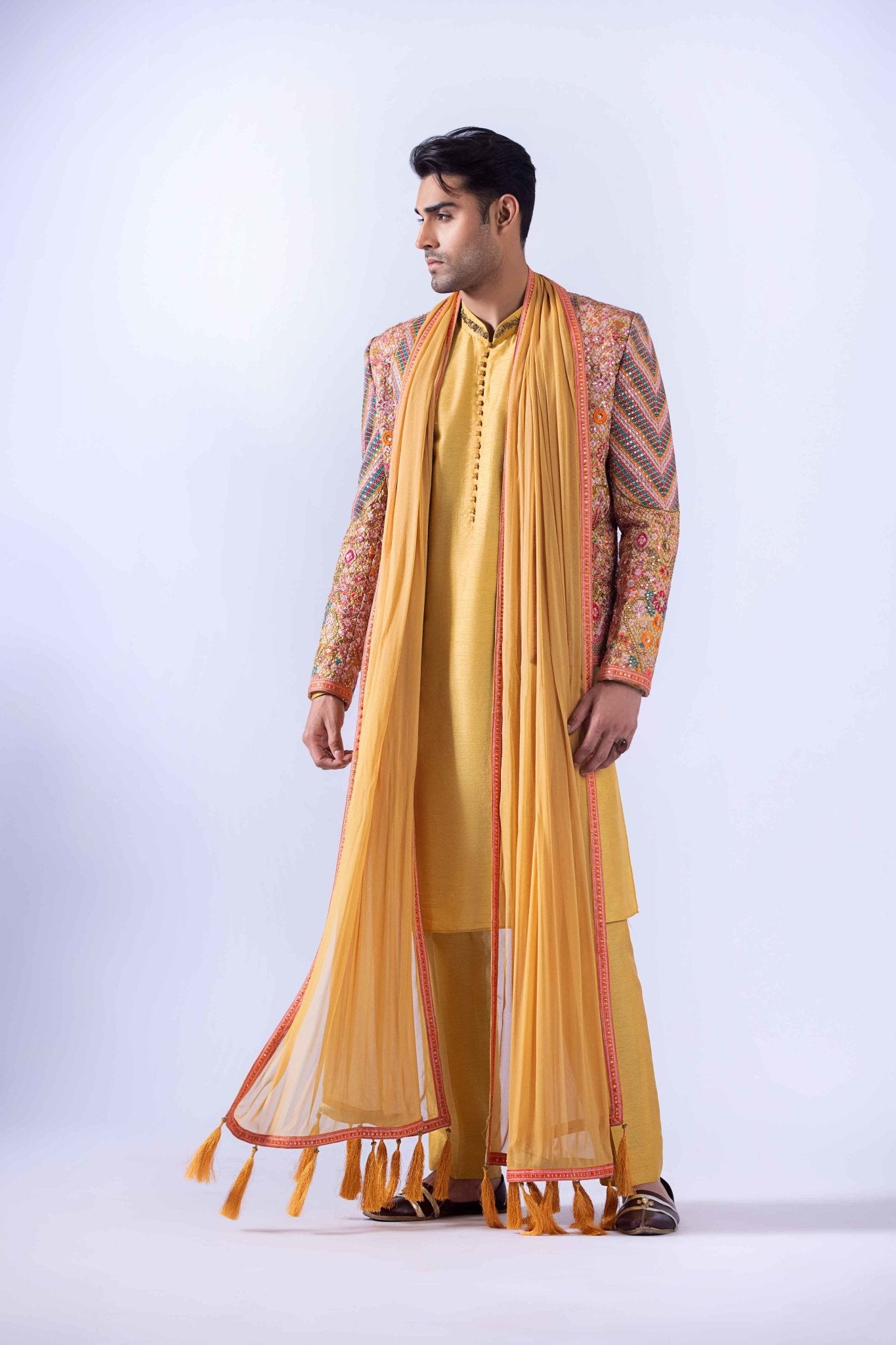 Mustard Multi-Embroidered Raw Silk Waistcoat Kurta (4-Piece) - Image 6