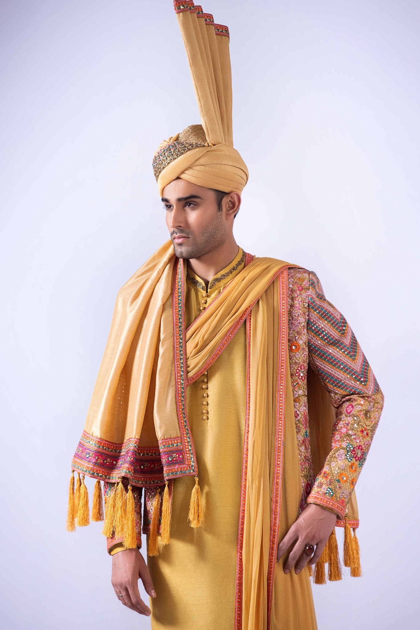 Mustard Multi-Embroidered Raw Silk Waistcoat Kurta (4-Piece) - Image 7