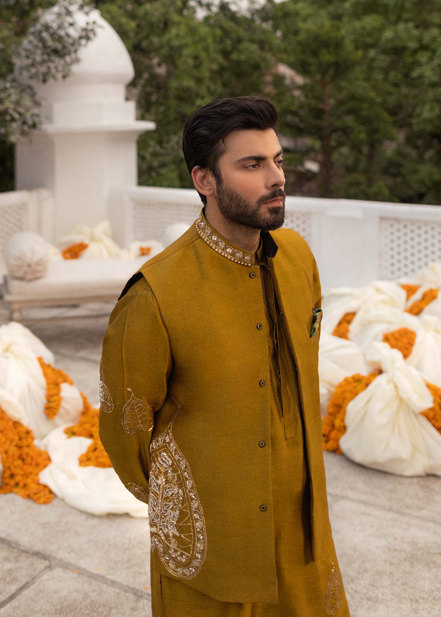 Mustard Hand-Embellished Korean Raw Silk Waistcoat Kurta (3-Piece) - Image 2