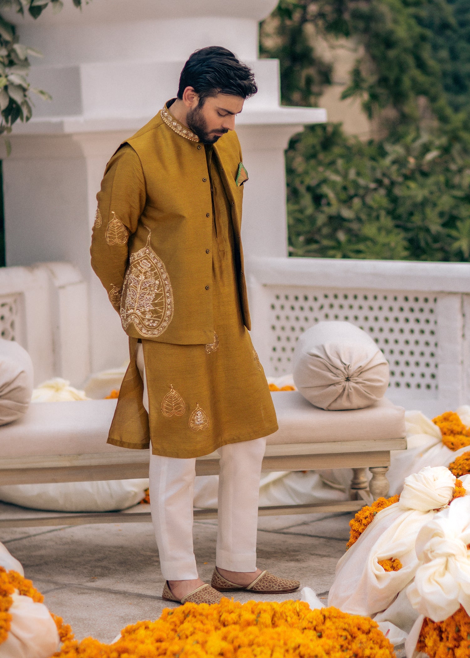 Mustard Hand-Embellished Korean Raw Silk Waistcoat Kurta (3-Piece) - Image 3