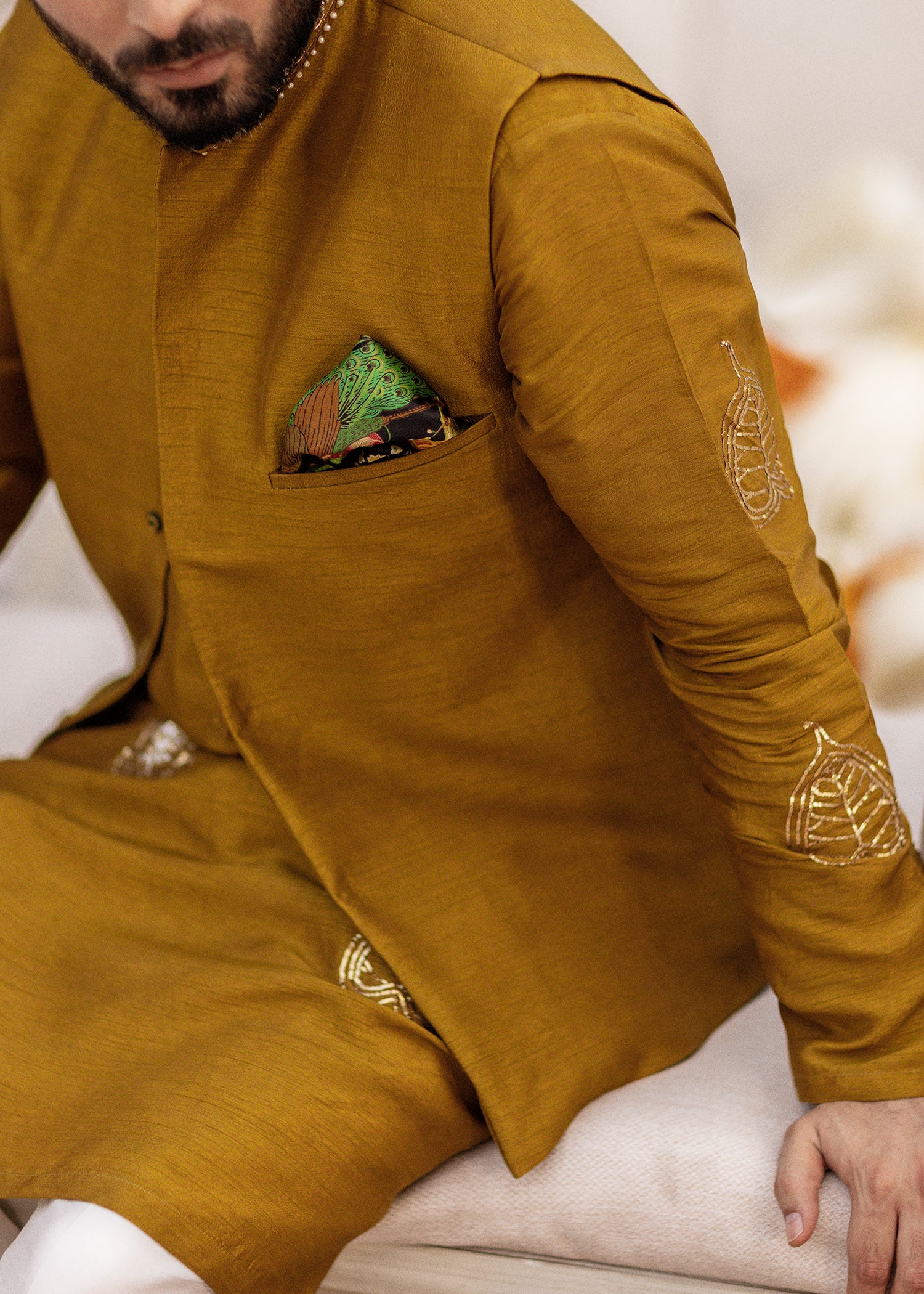 Mustard Hand-Embellished Korean Raw Silk Waistcoat Kurta (3-Piece) - Image 4