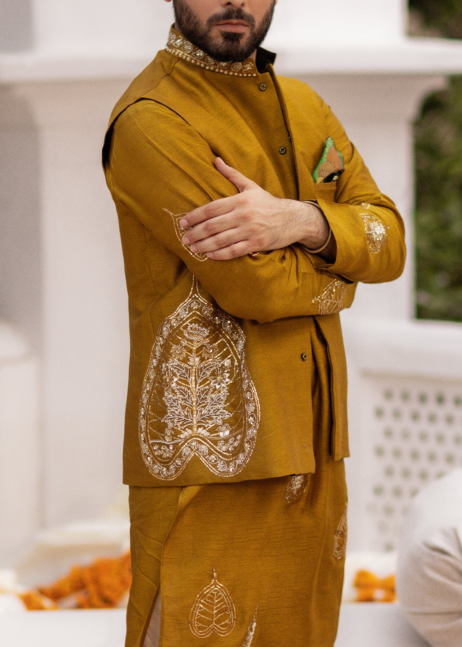 Mustard Hand-Embellished Korean Raw Silk Waistcoat Kurta (3-Piece) - Image 5