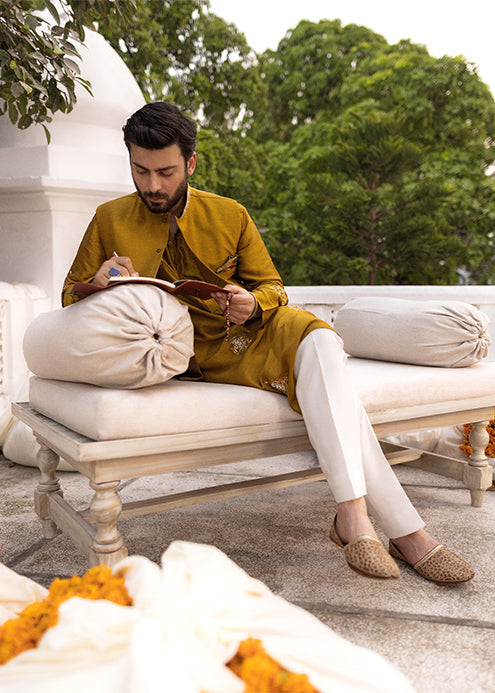 Mustard Hand-Embellished Korean Raw Silk Waistcoat Kurta (3-Piece) - Image 6