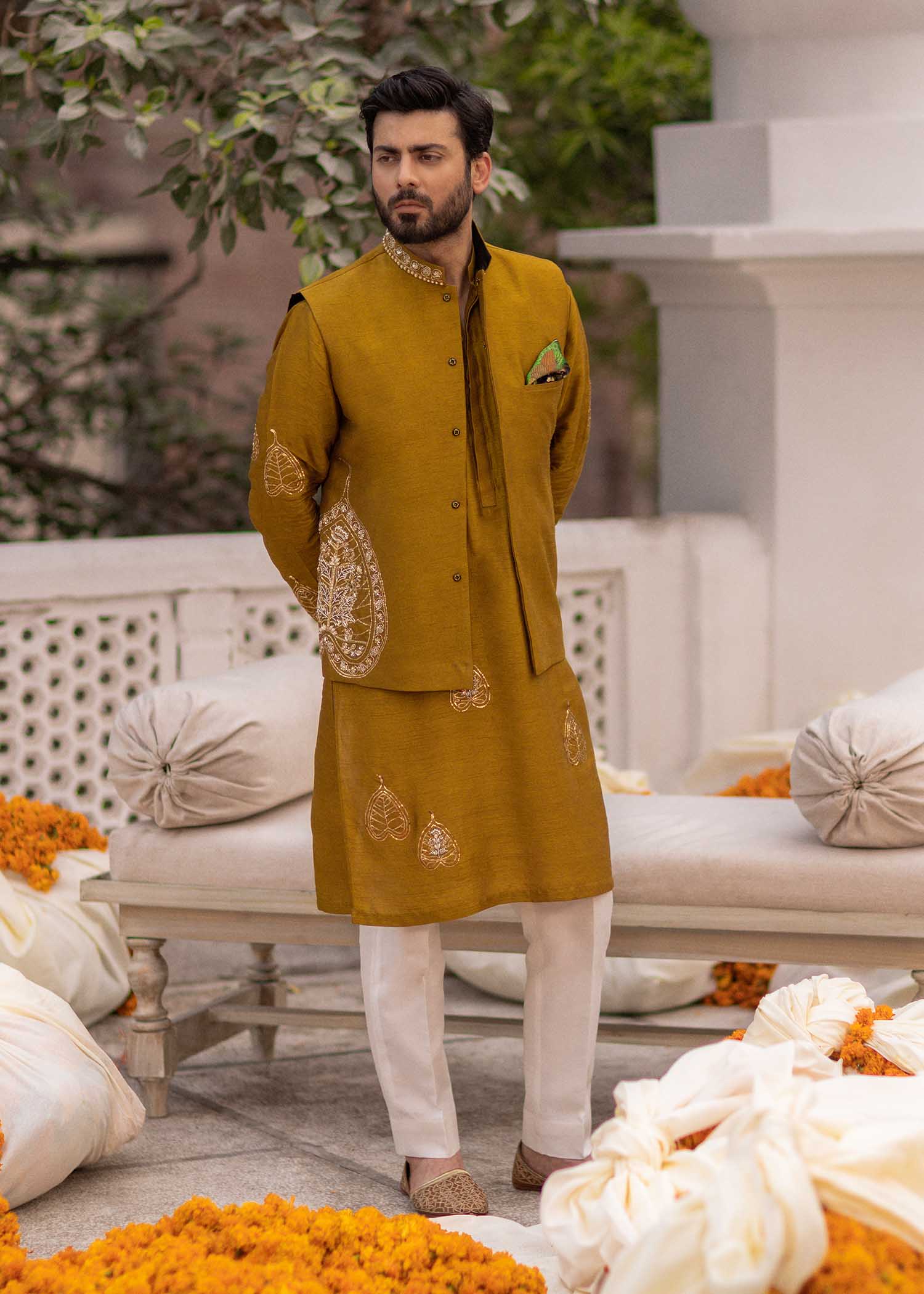 Mustard Embroidered Korean Rawsilk Waistcoat Kurta (3-Piece) - Image 1