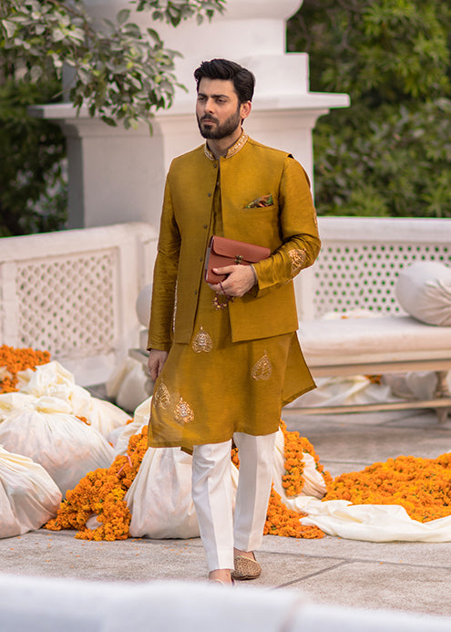 Mustard Embroidered Korean Rawsilk Waistcoat Kurta (3-Piece) - Image 2