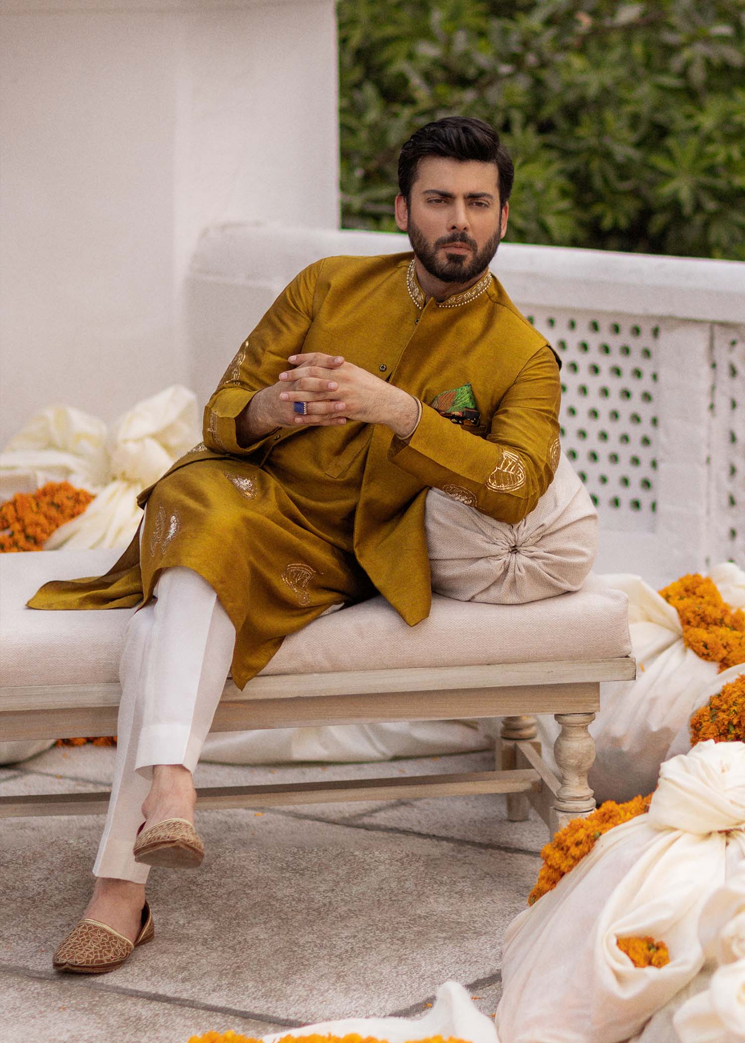 Mustard Embroidered Korean Rawsilk Waistcoat Kurta (3-Piece) - Image 3