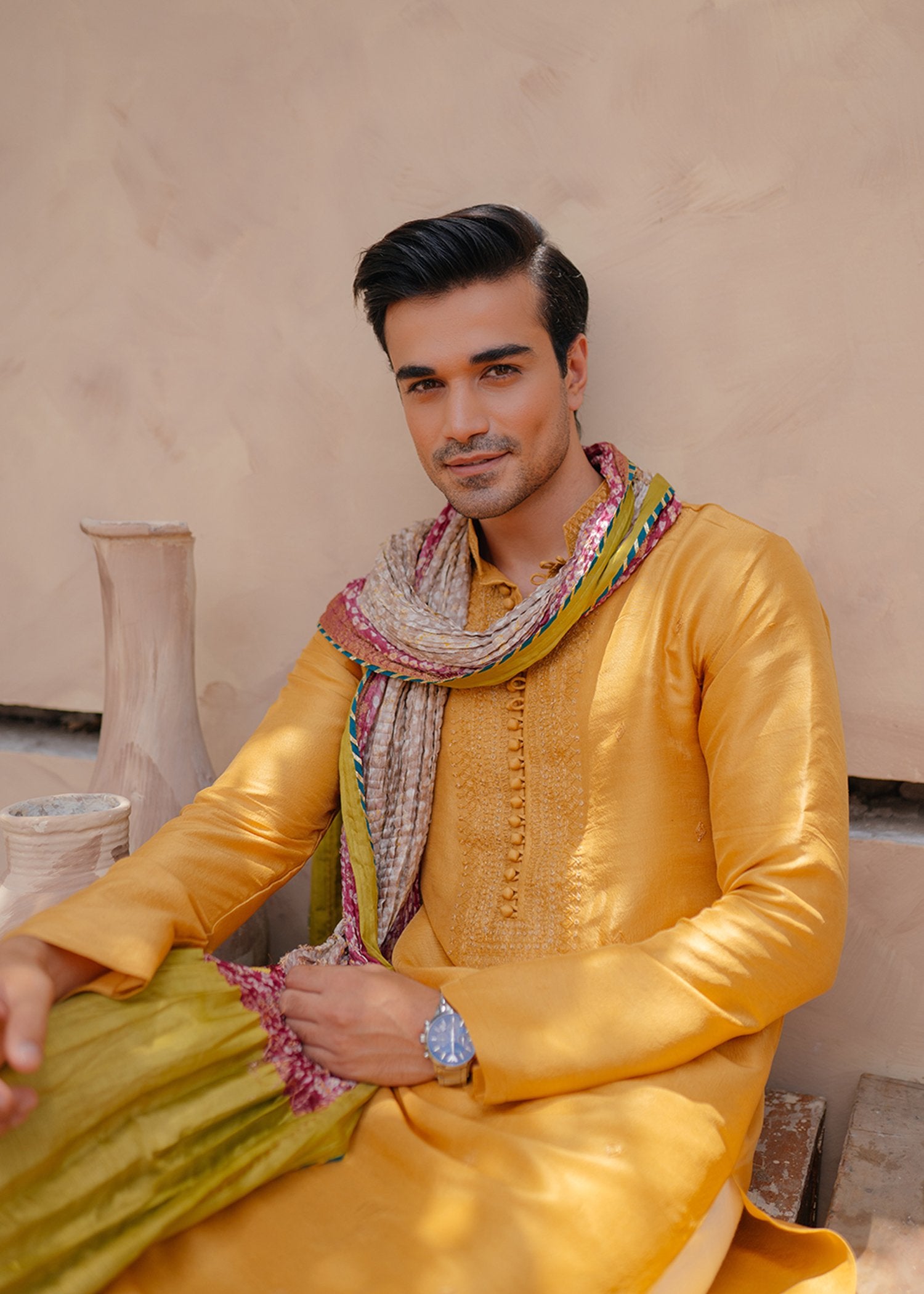 Mustard Tonal Embroidered Pure Rawsilk Kurta (3-Piece) - Image 1