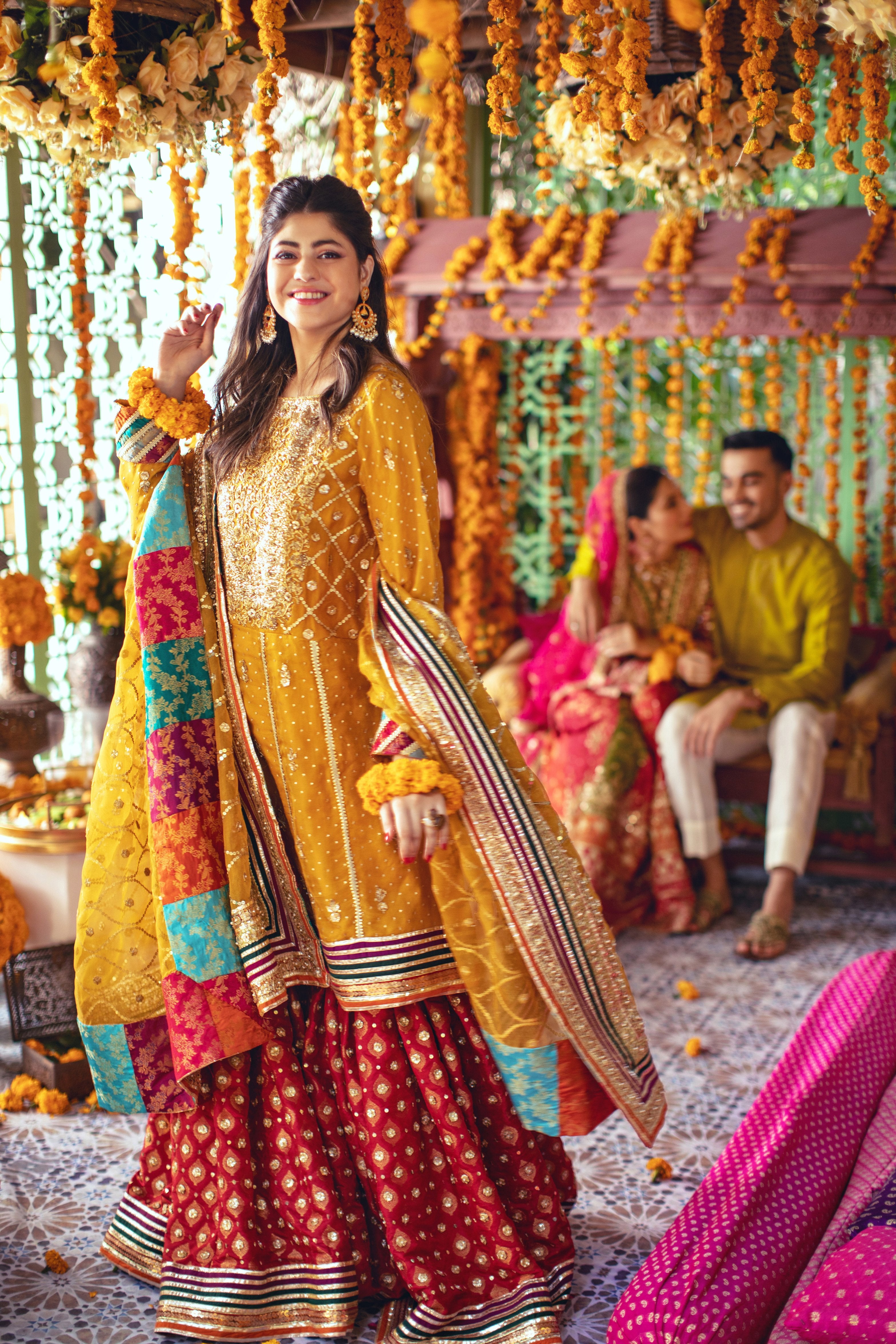 Mustard Embellished Organza Kalidaar Gharara (3-Piece) - Image 1