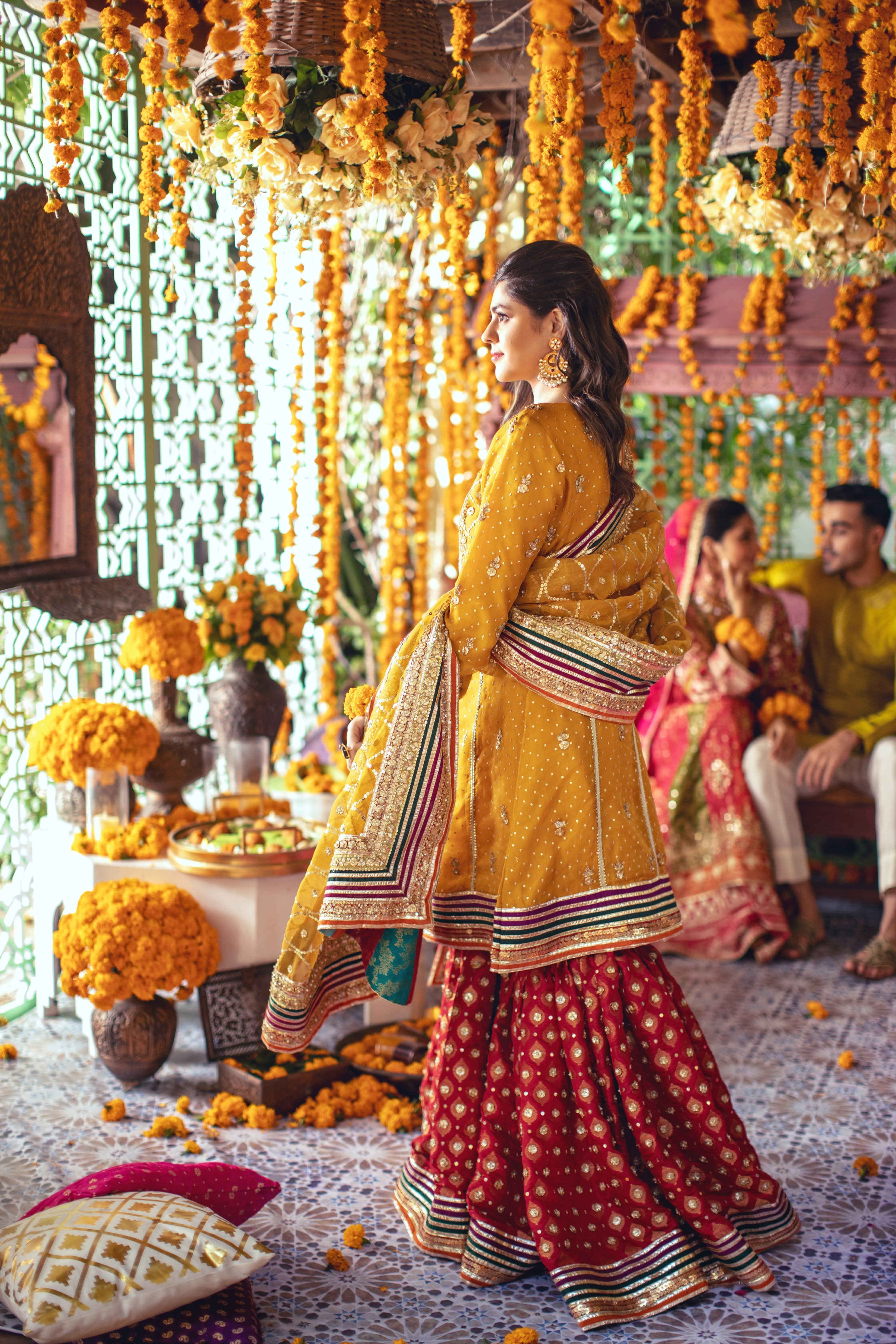 Mustard Embellished Organza Kalidaar Gharara (3-Piece) - Image 3