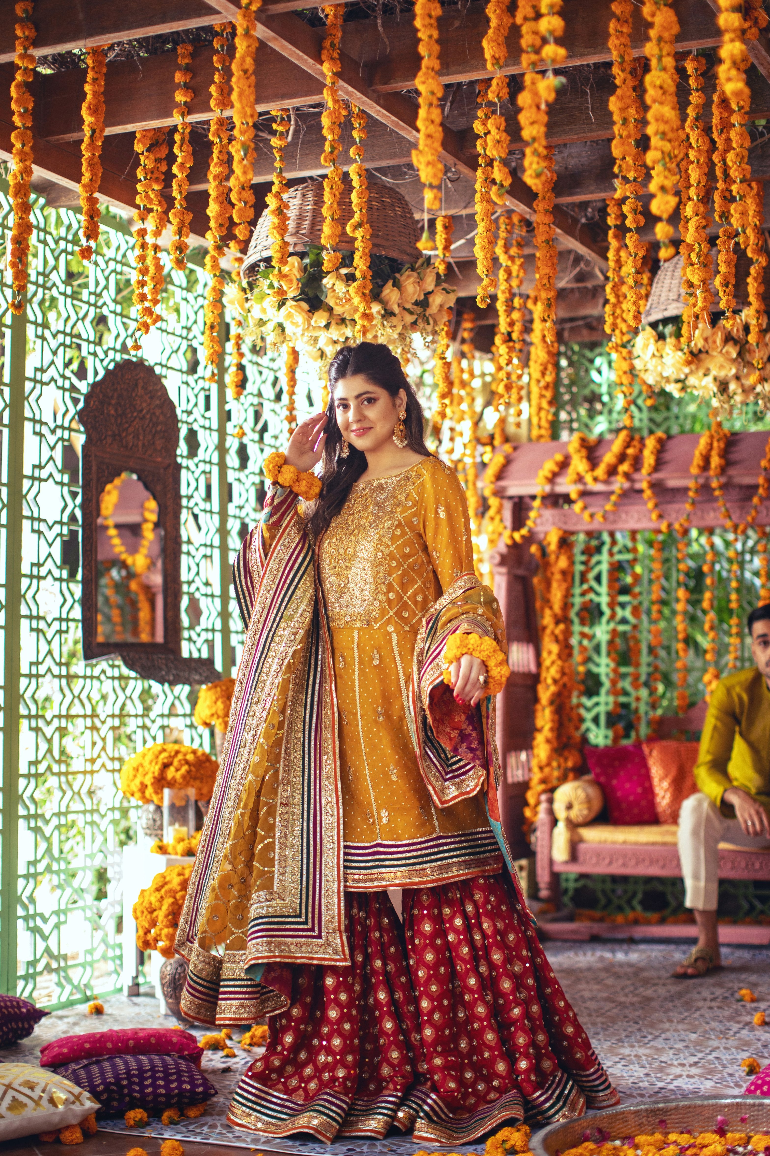 Mustard Embellished Organza Kalidaar Gharara (3-Piece) - Image 4