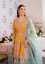 Mustard Hand-Embroidered Net Peplum Gharara (3-Piece) - Image 3