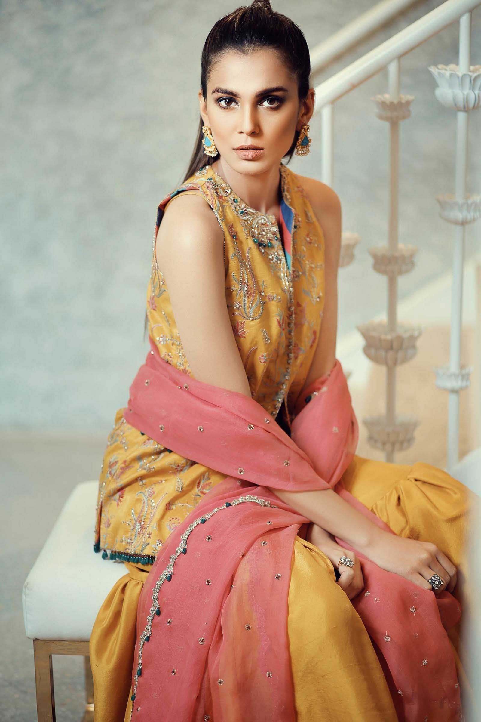 Pakistani Mustard Resham & Crystal Silk Jacket Gharara (3-Piece) - Image 1