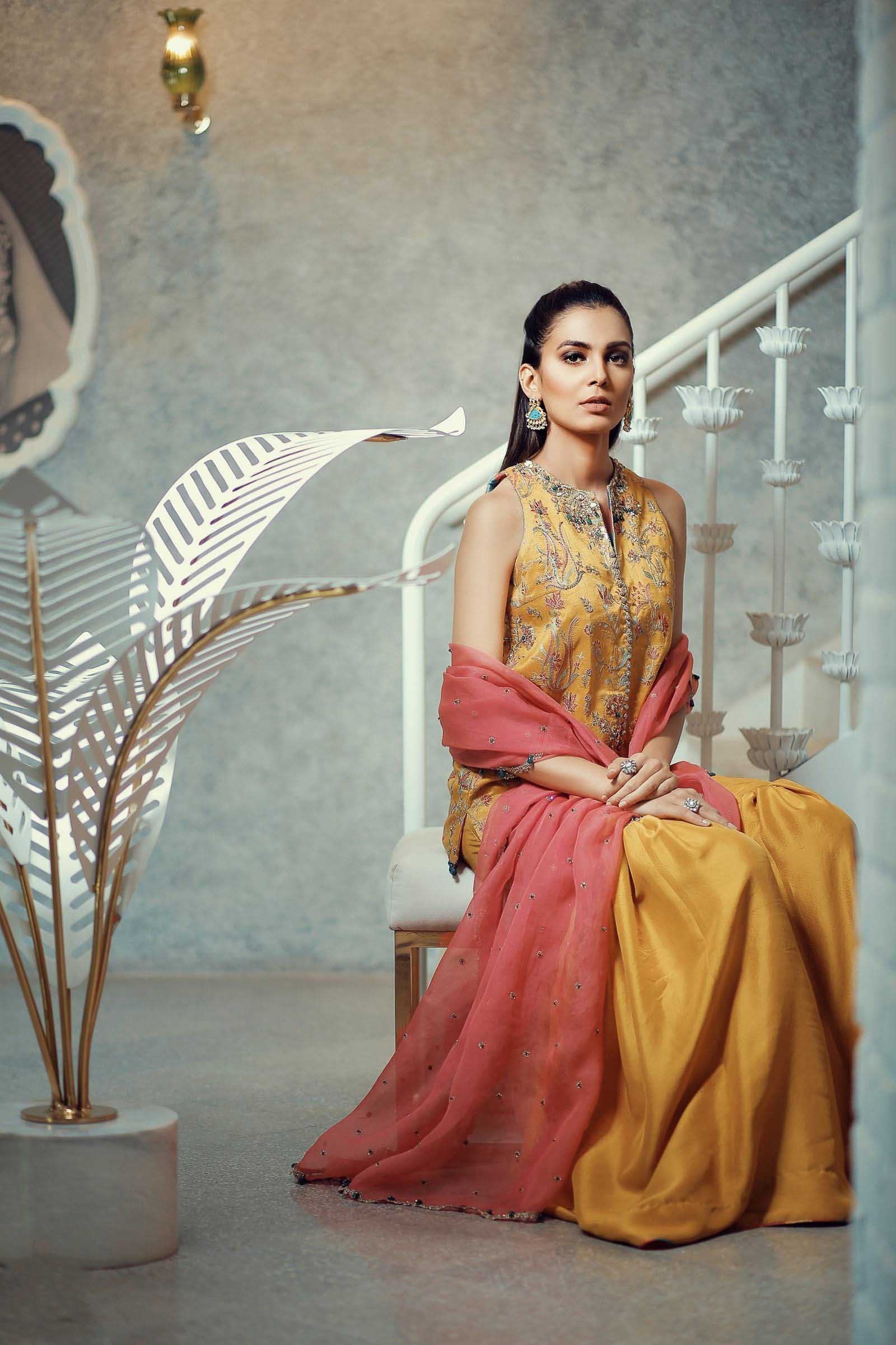 Pakistani Mustard Resham & Crystal Silk Jacket Gharara (3-Piece) - Image 2