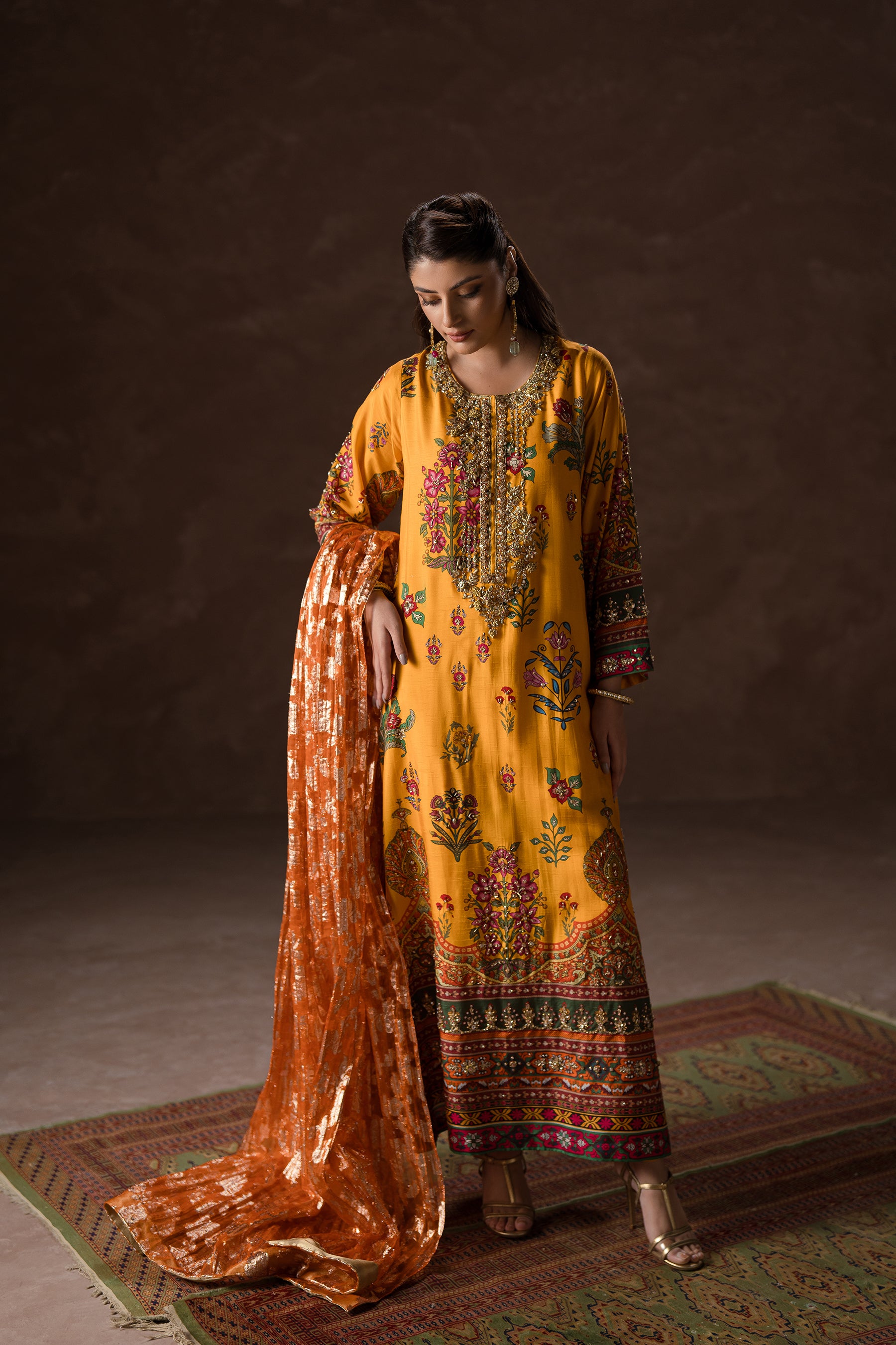 Mustard Gota Sequin Blended Silk Kaftan (2-Piece) - Image 1