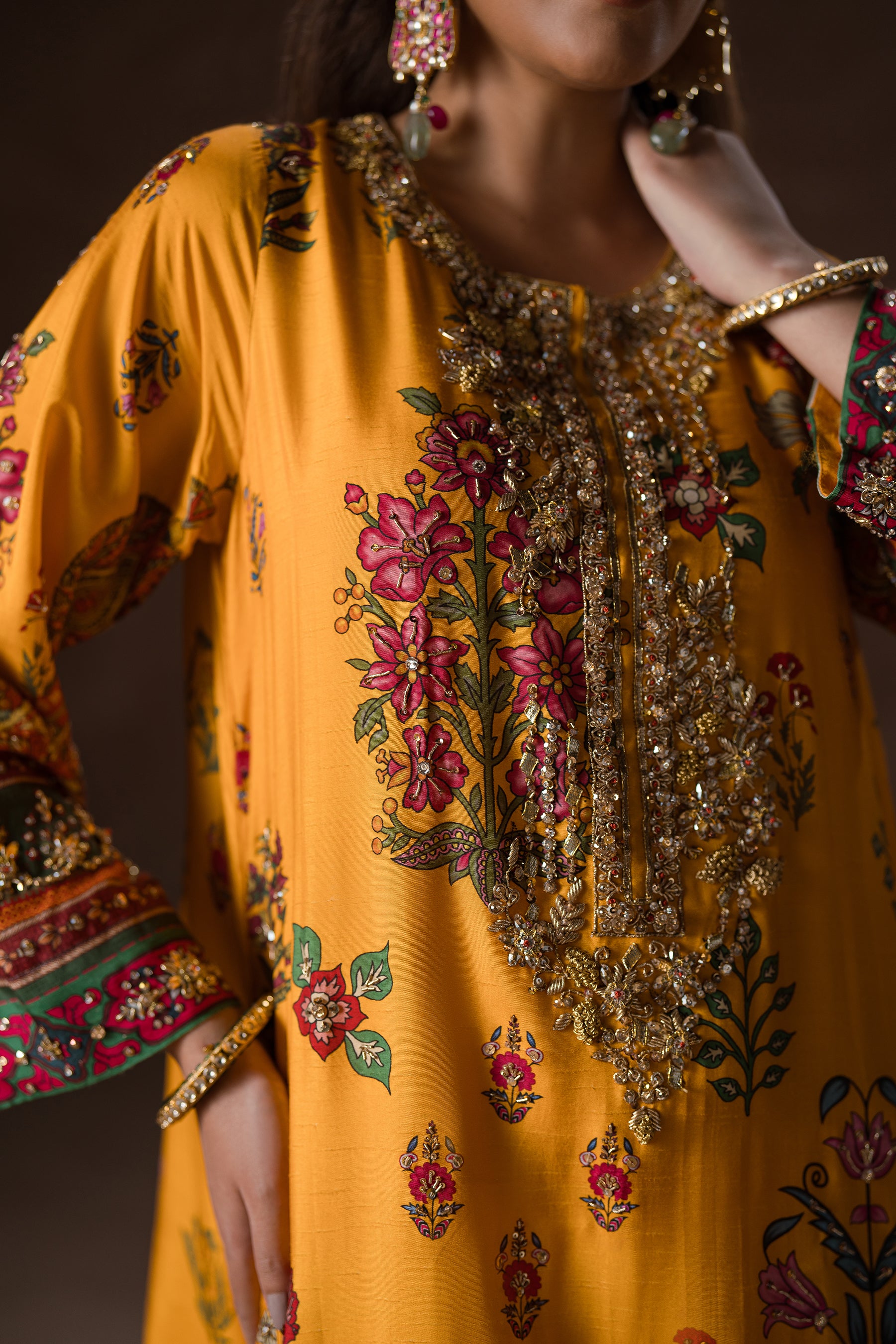 Mustard Gota Sequin Blended Silk Kaftan (2-Piece) - Image 3