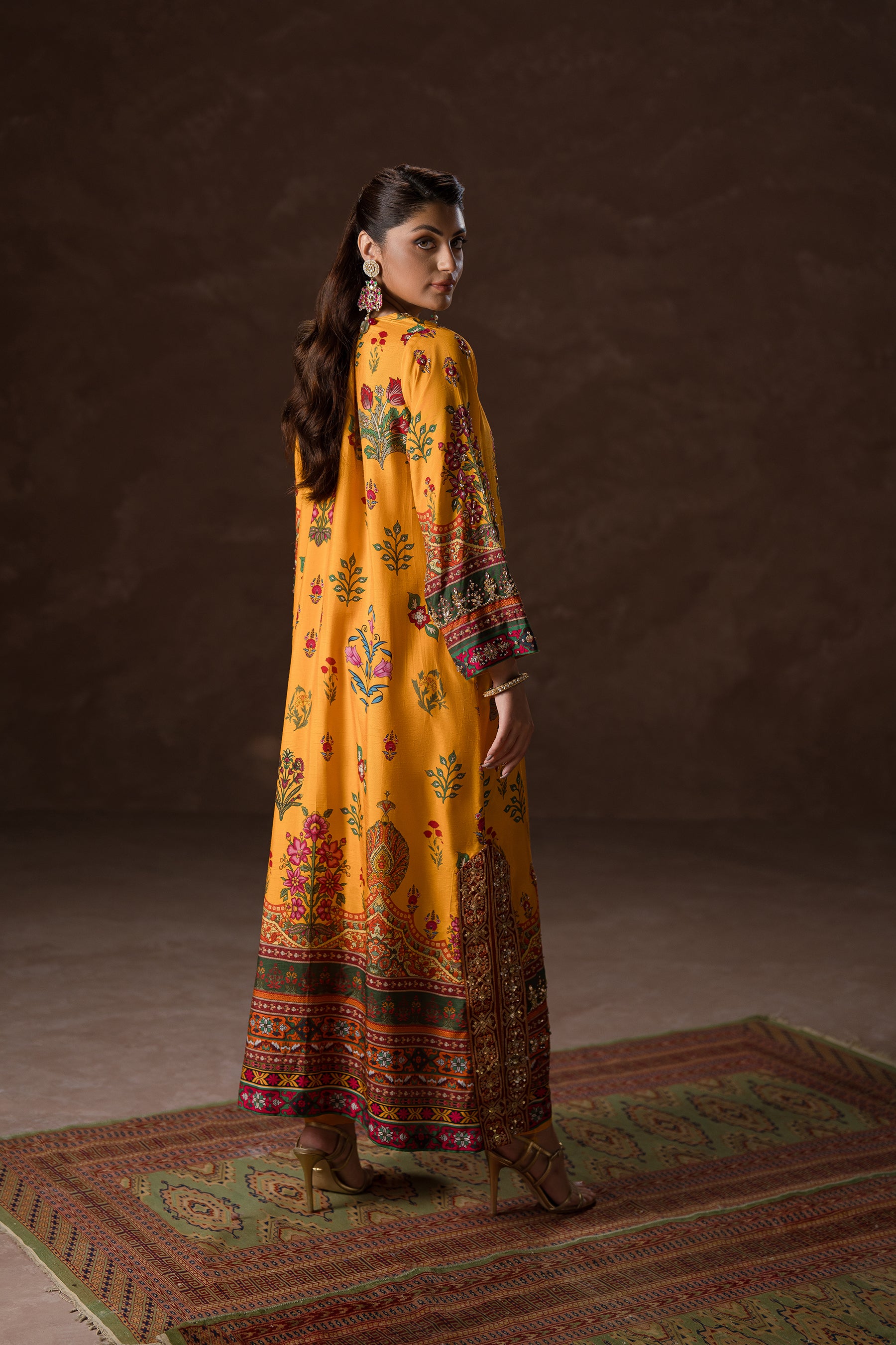 Mustard Gota Sequin Blended Silk Kaftan (2-Piece) - Image 4