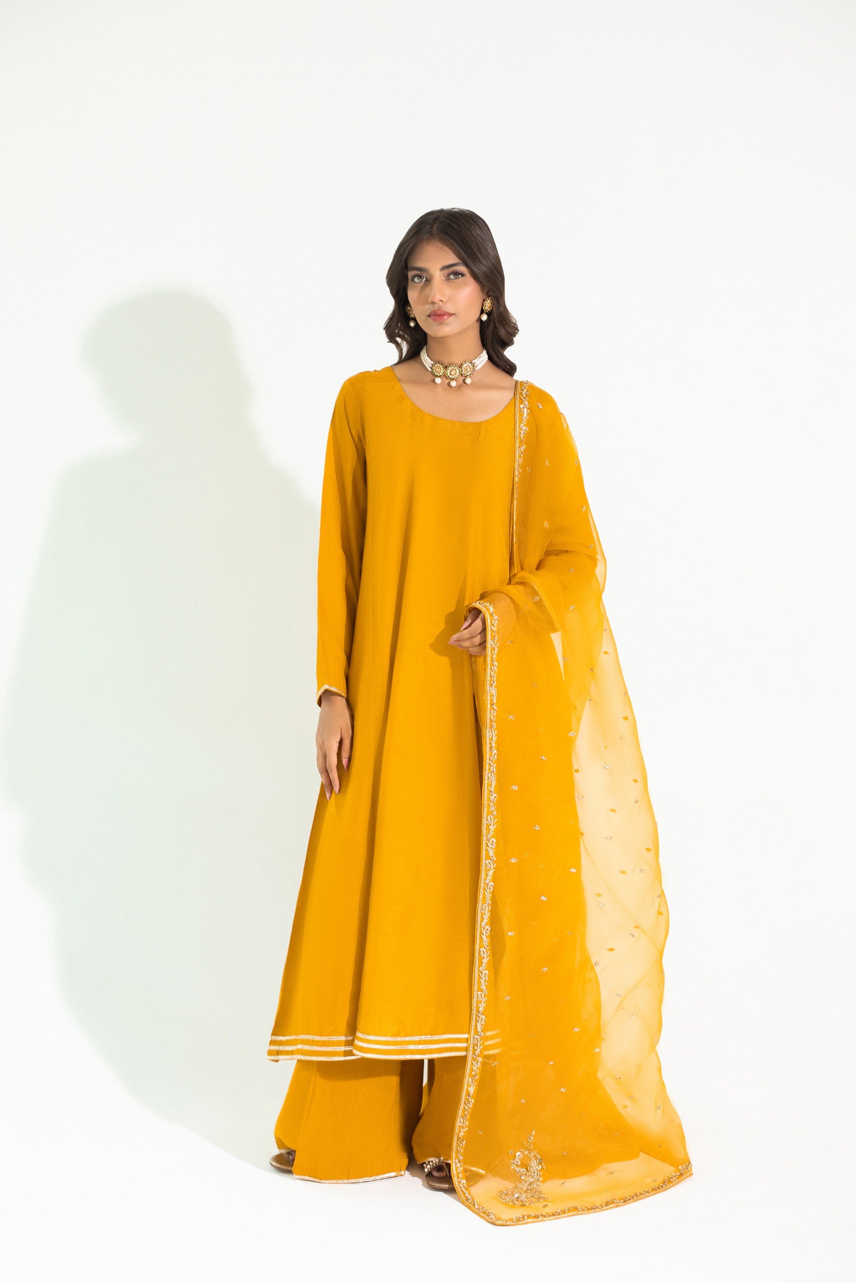 Pakistani Deep Mustard Embroidered Korean Silk Kalidaar (3-Piece) - Image 1