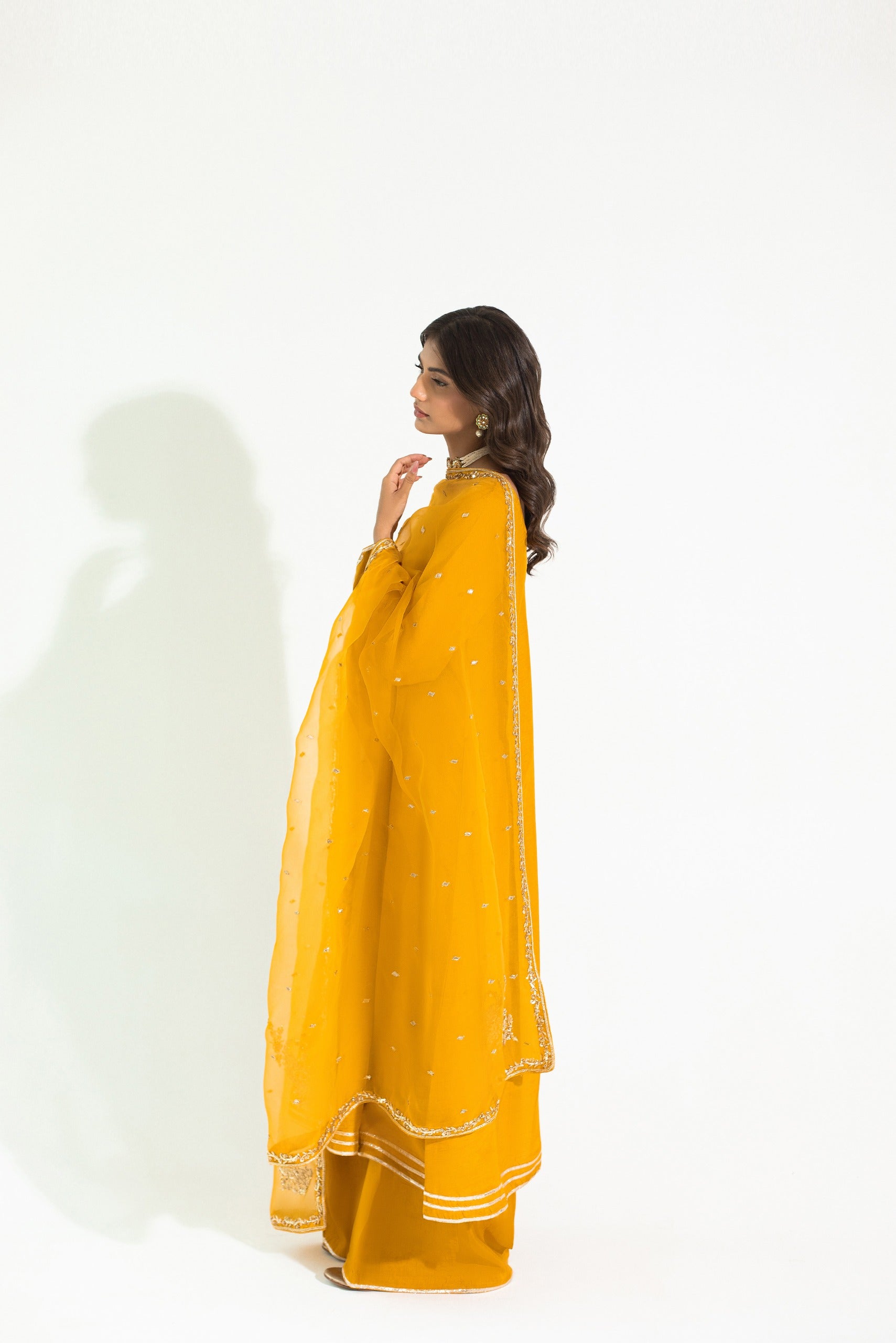 Pakistani Deep Mustard Embroidered Korean Silk Kalidaar (3-Piece) - Image 2