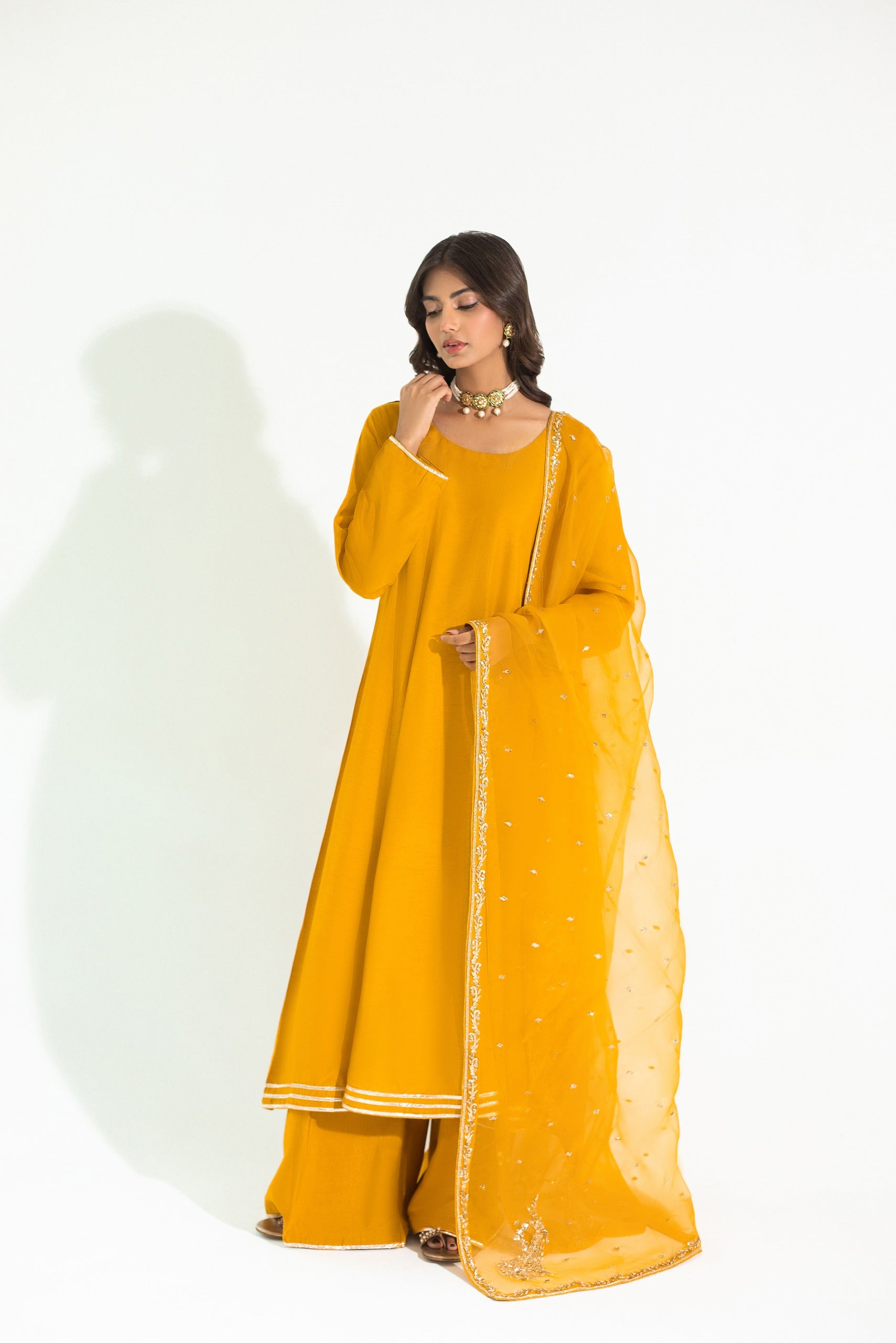 Pakistani Deep Mustard Embroidered Korean Silk Kalidaar (3-Piece) - Image 3