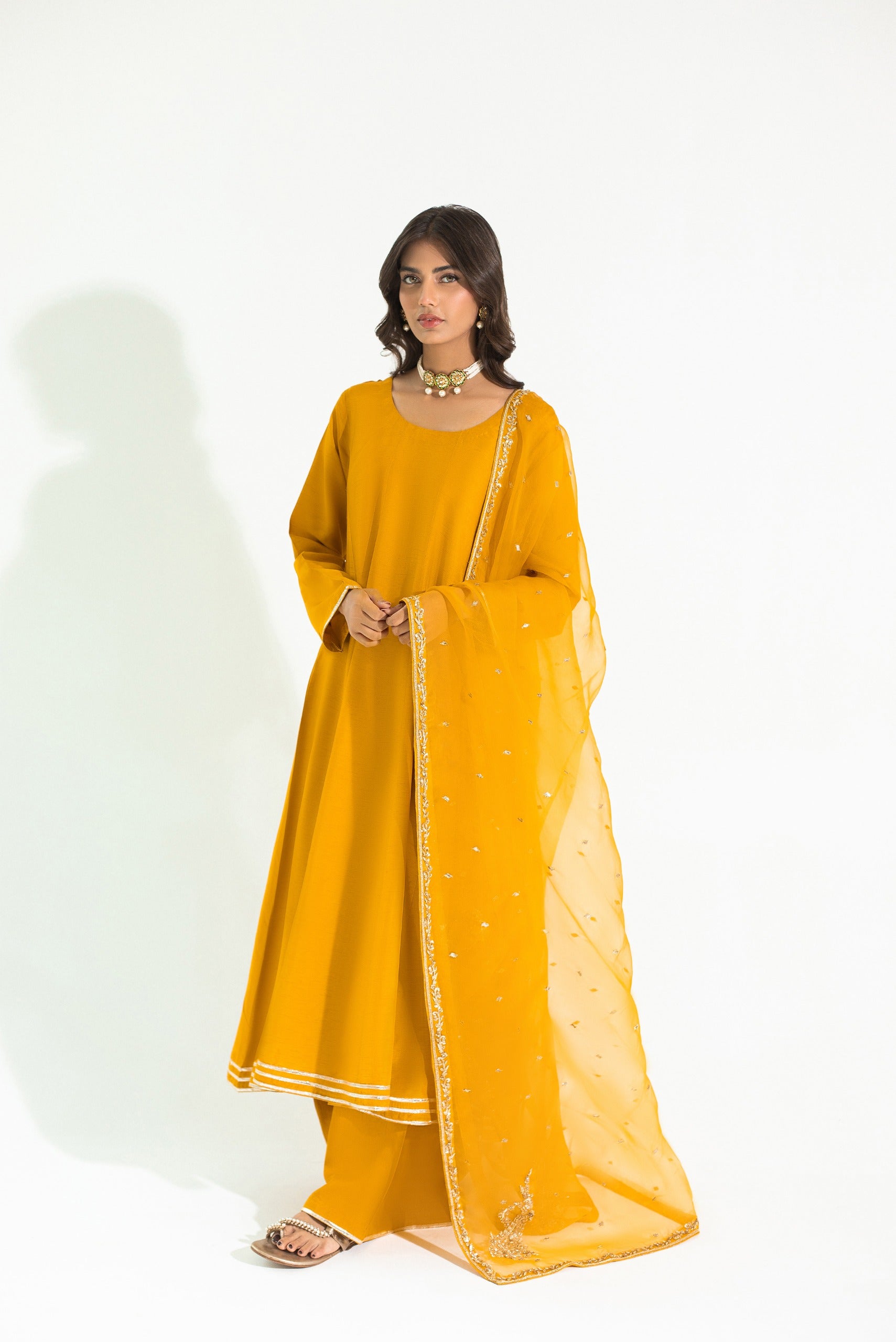 Pakistani Deep Mustard Embroidered Korean Silk Kalidaar (3-Piece) - Image 4