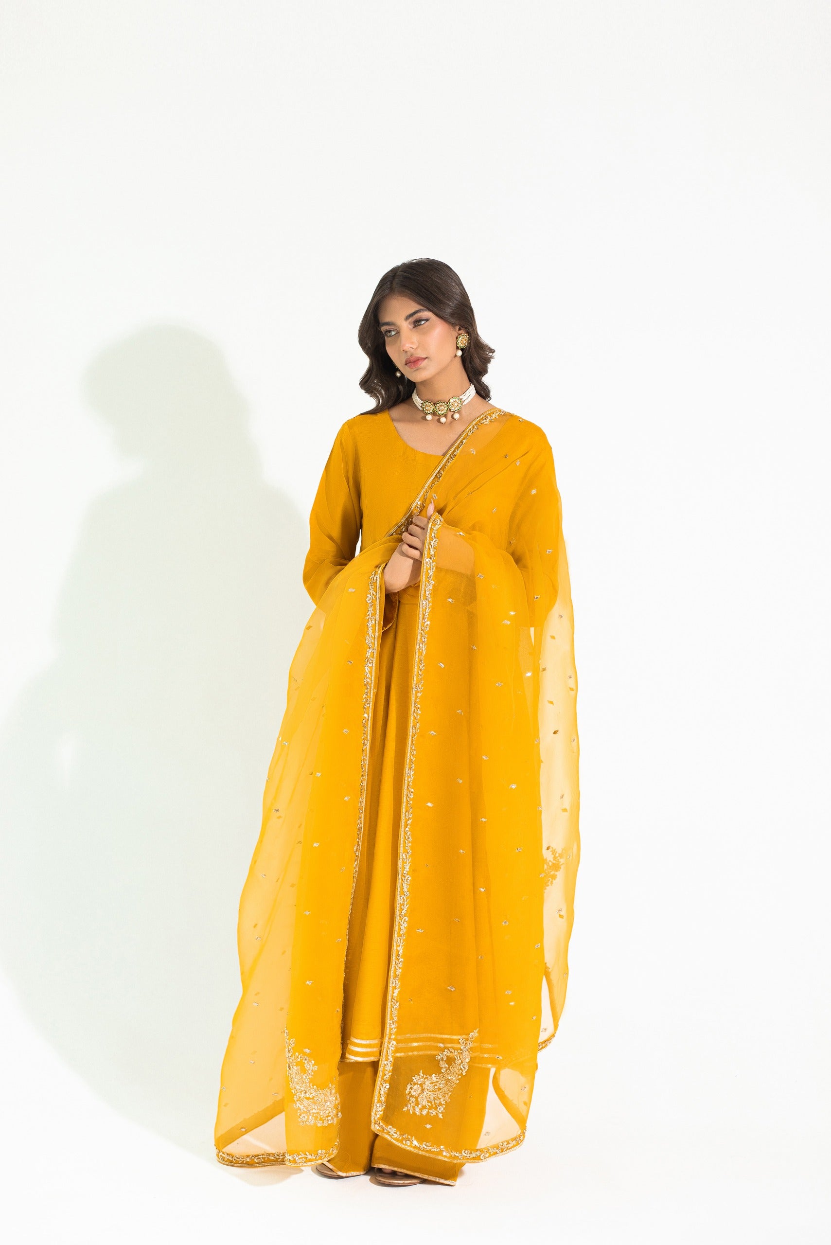 Pakistani Deep Mustard Embroidered Korean Silk Kalidaar (3-Piece) - Image 5