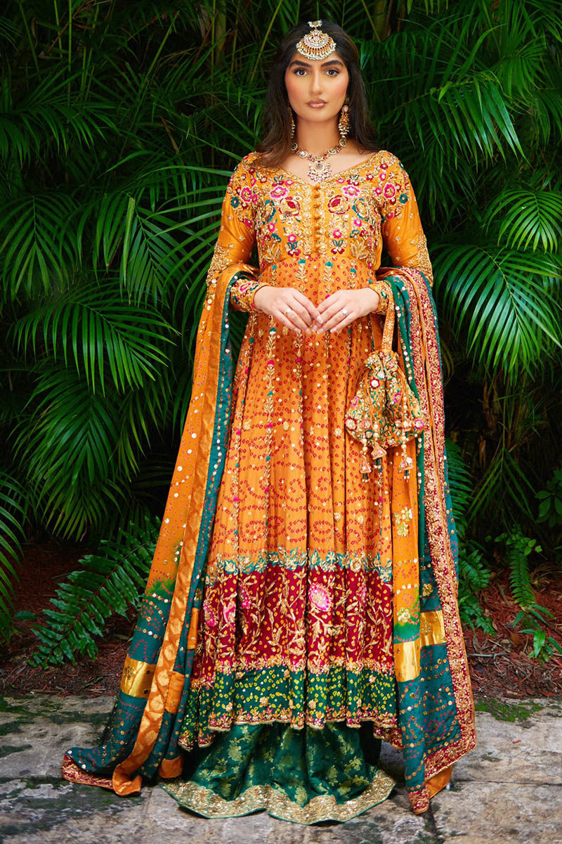 Pakistani Mustard Maroon Emerald Chunri Embroidered Silk Kalidar (3-Piece) - Image 1