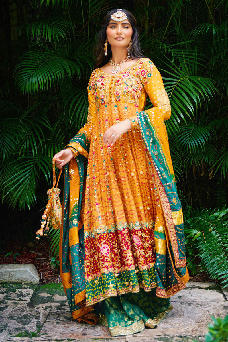 Pakistani Mustard Maroon Emerald Chunri Embroidered Silk Kalidar (3-Piece) - Image 3