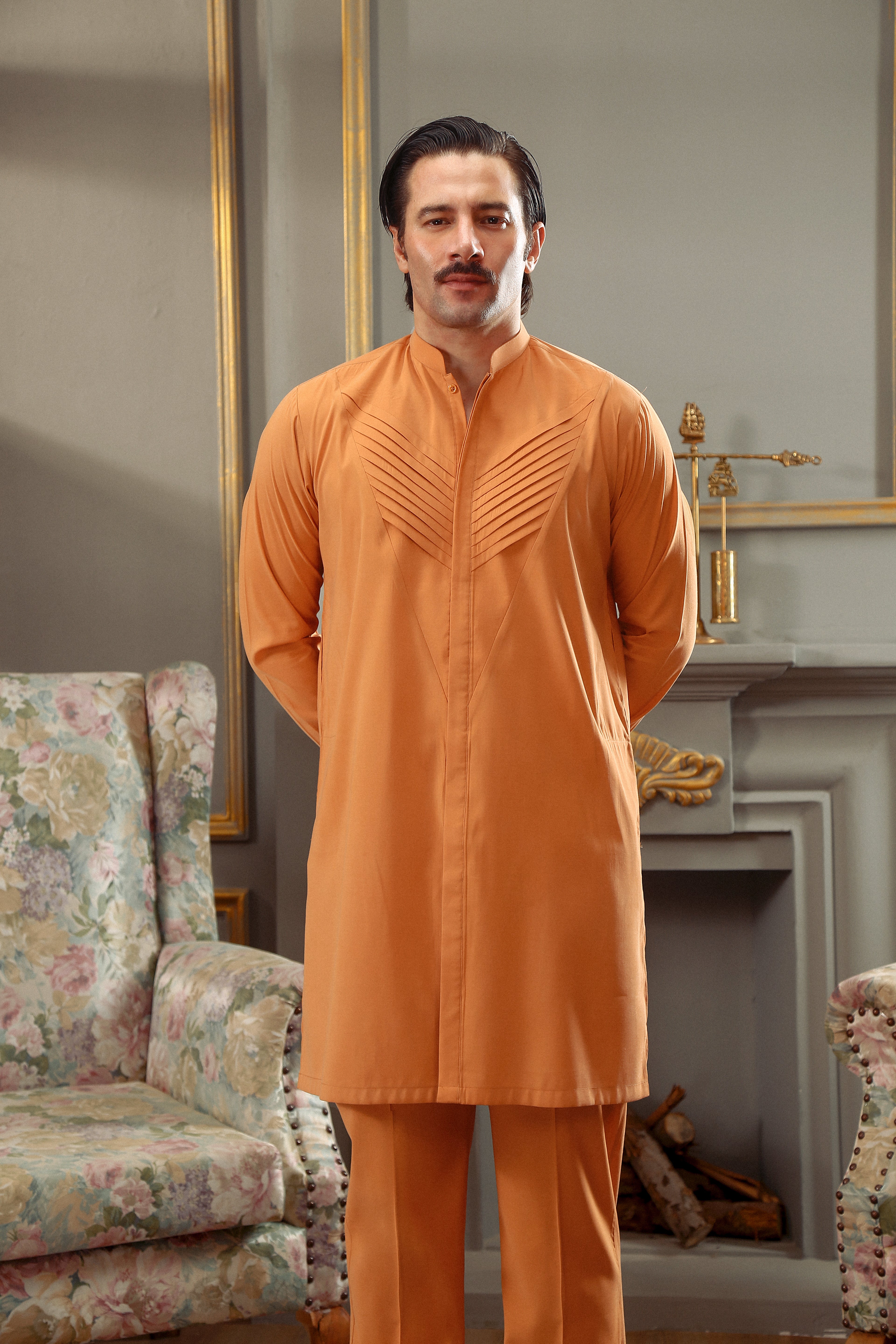 Mustard Chest Pleated Cotton Blend Kurta Pajama (2-Piece) - Image 1