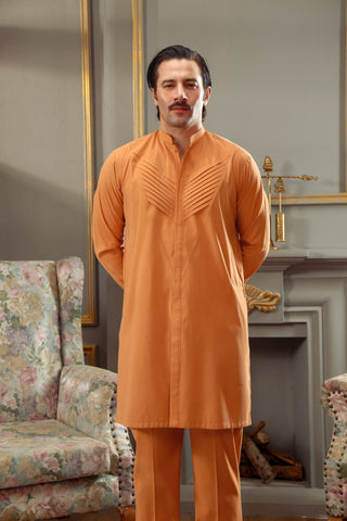 Mustard Chest Pleated Cotton Blend Kurta Pajama (2-Piece) - Image 5