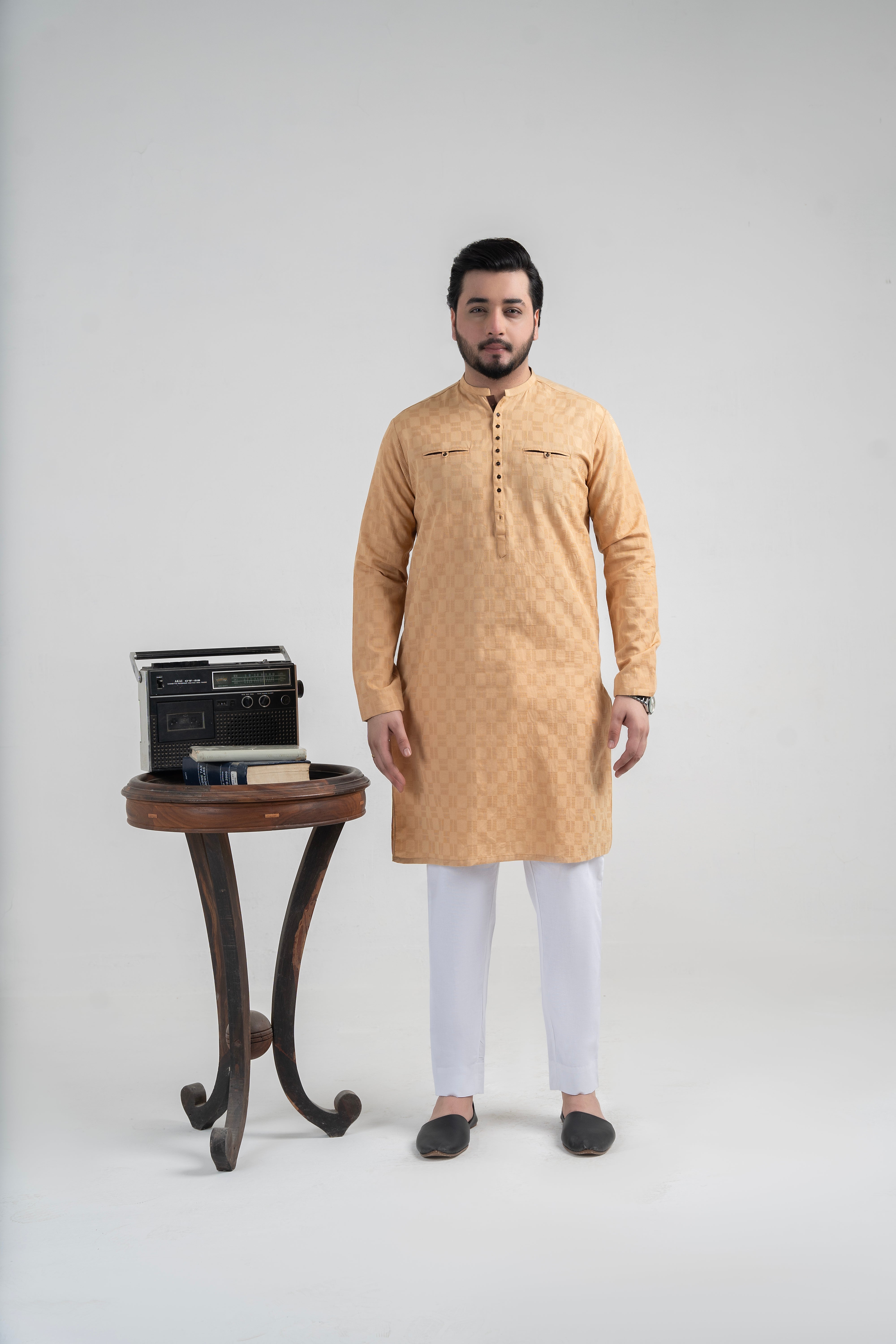 Light Mustard Jacquard Kurta (2-Piece) - Image 1