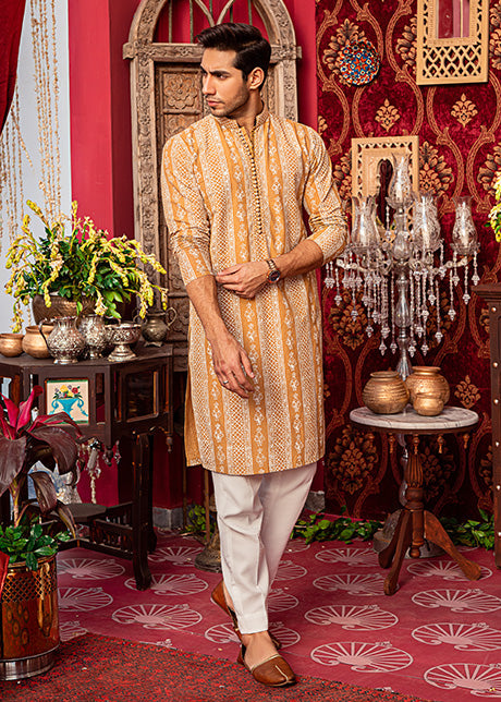 Mustard Block Printed Karandi Kurta (2-Piece) - Image 1
