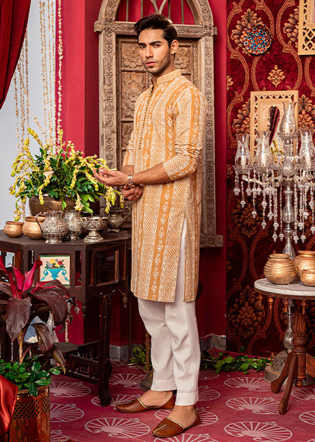 Mustard Block Printed Karandi Kurta (2-Piece) - Image 2