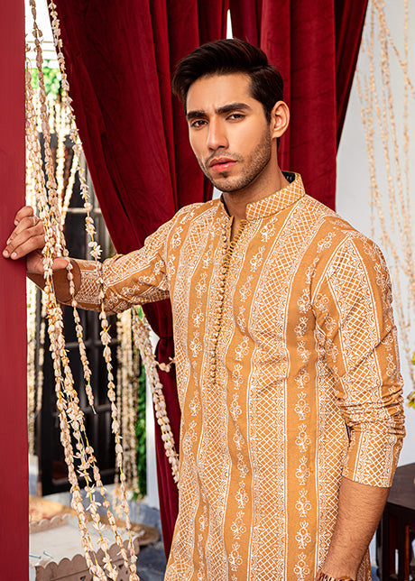 Mustard Block Printed Karandi Kurta (2-Piece) - Image 3