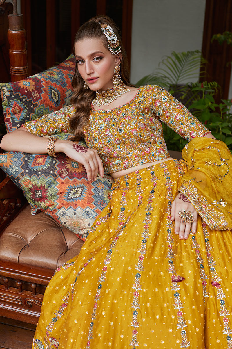 Pakistani Honey Mustard Embellished Silk-Blend Lehenga Choli (3-Piece) - Image 2