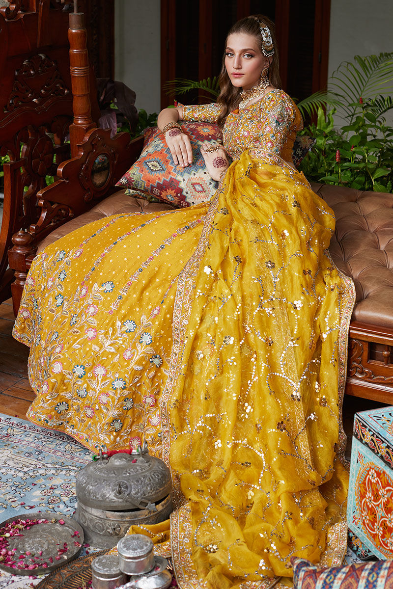 Pakistani Honey Mustard Embellished Silk-Blend Lehenga Choli (3-Piece) - Image 3