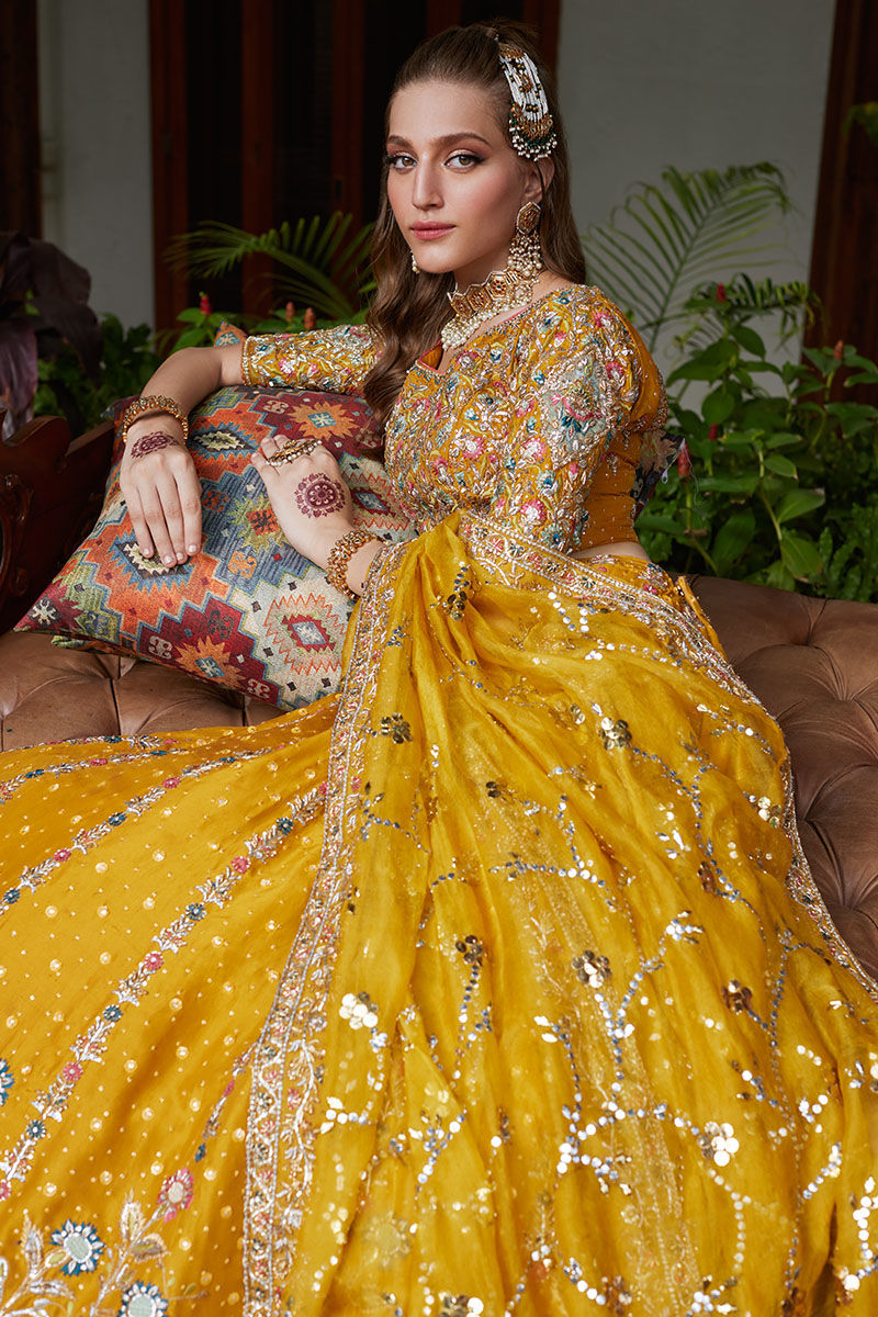 Pakistani Honey Mustard Embellished Silk-Blend Lehenga Choli (3-Piece) - Image 5