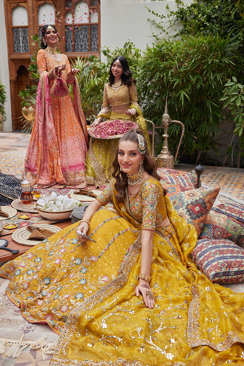 Pakistani Honey Mustard Embellished Silk-Blend Lehenga Choli (3-Piece) - Image 6