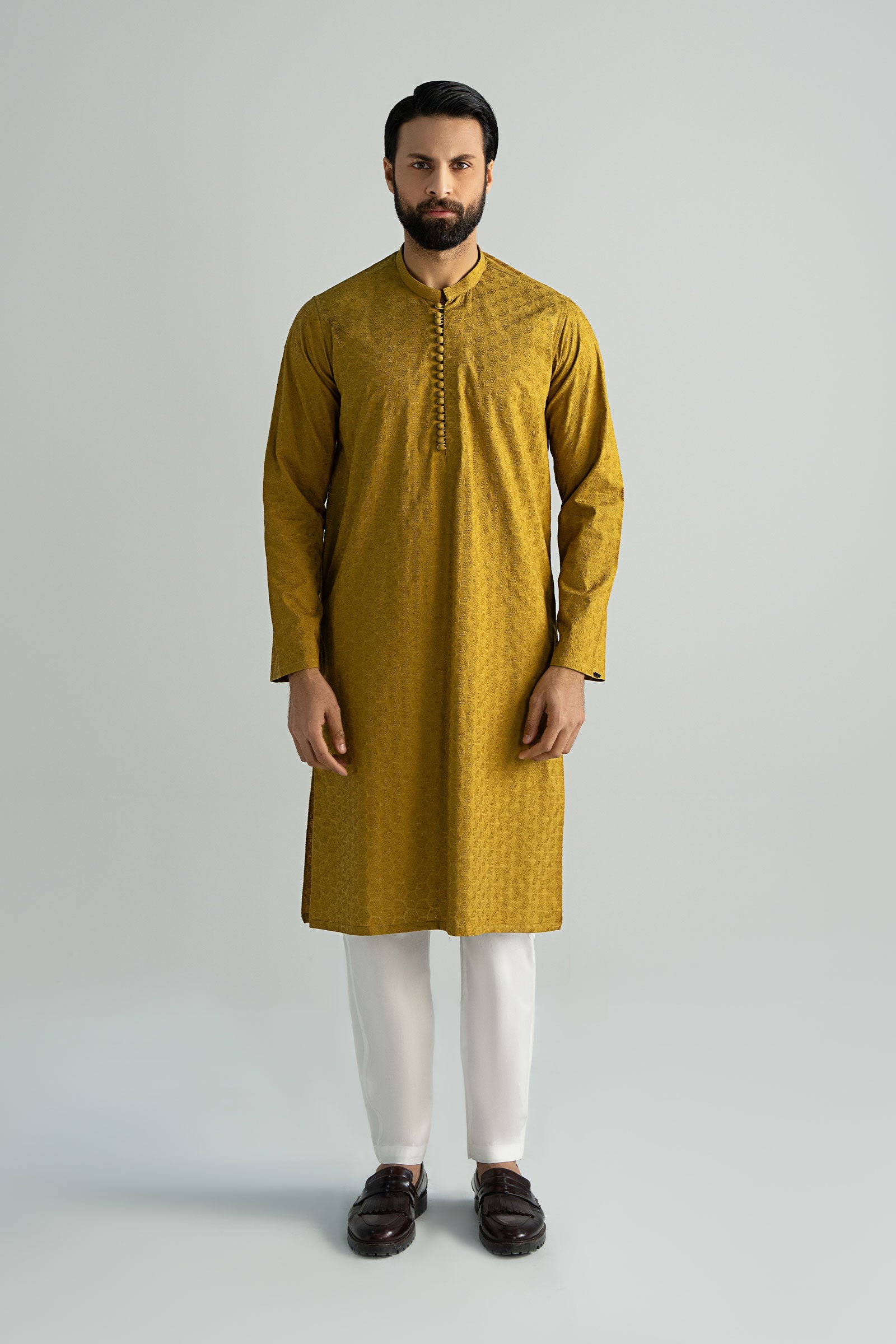 Mustard Schiffli Embroidered Cotton Kurta (2-Piece) - Image 1