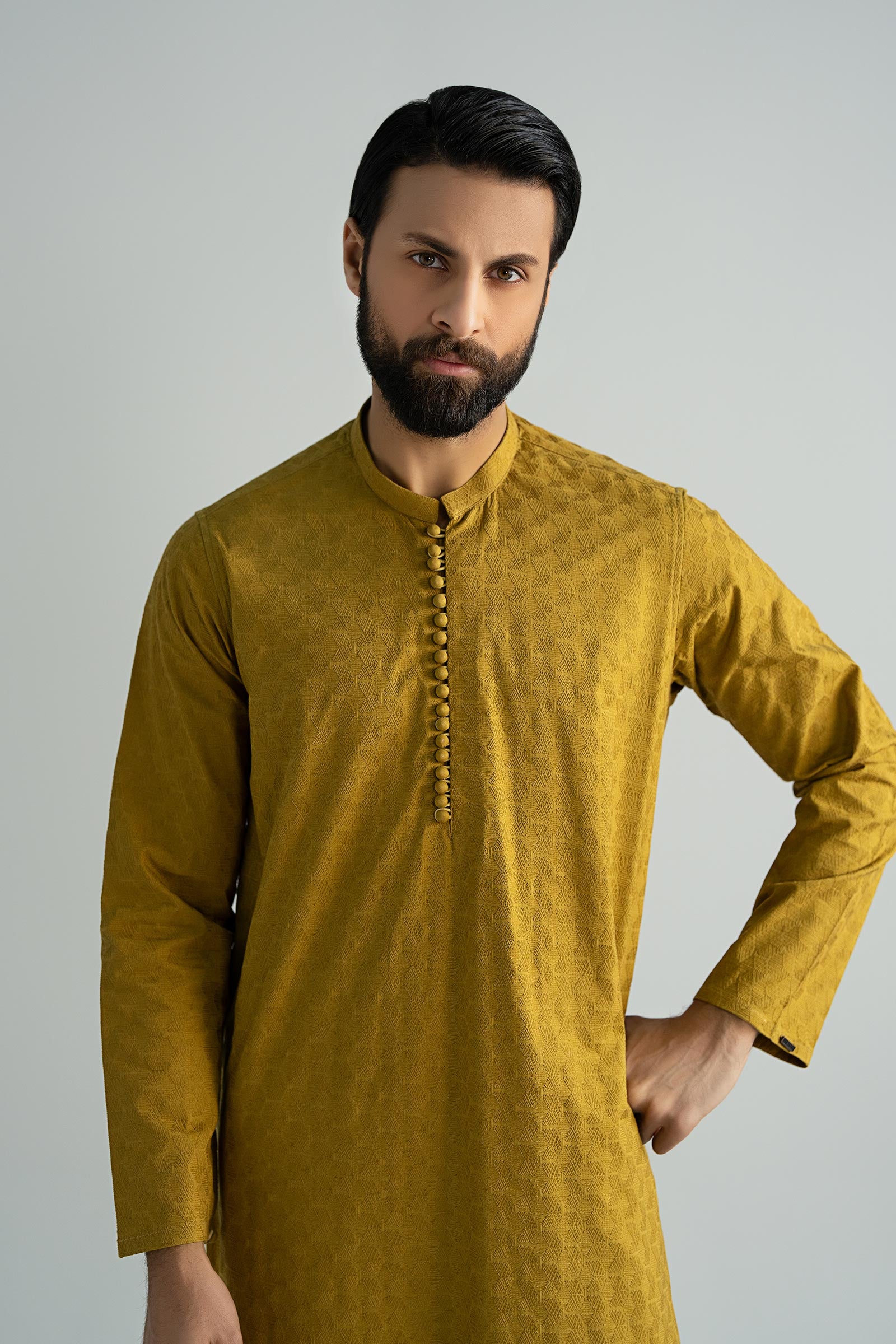 Mustard Schiffli Embroidered Cotton Kurta (2-Piece) - Image 2