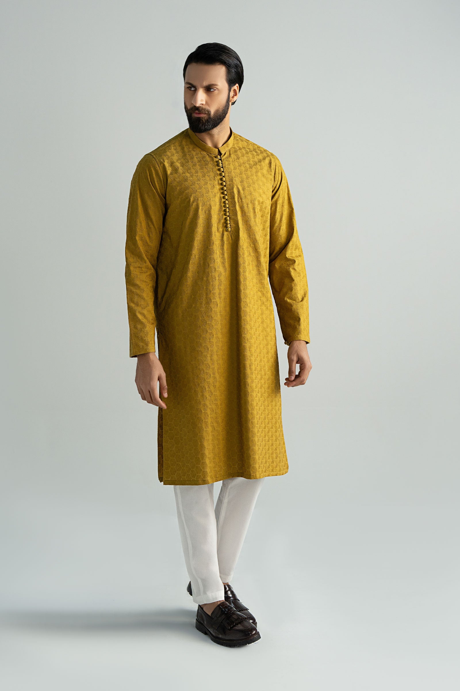 Mustard Schiffli Embroidered Cotton Kurta (2-Piece) - Image 3