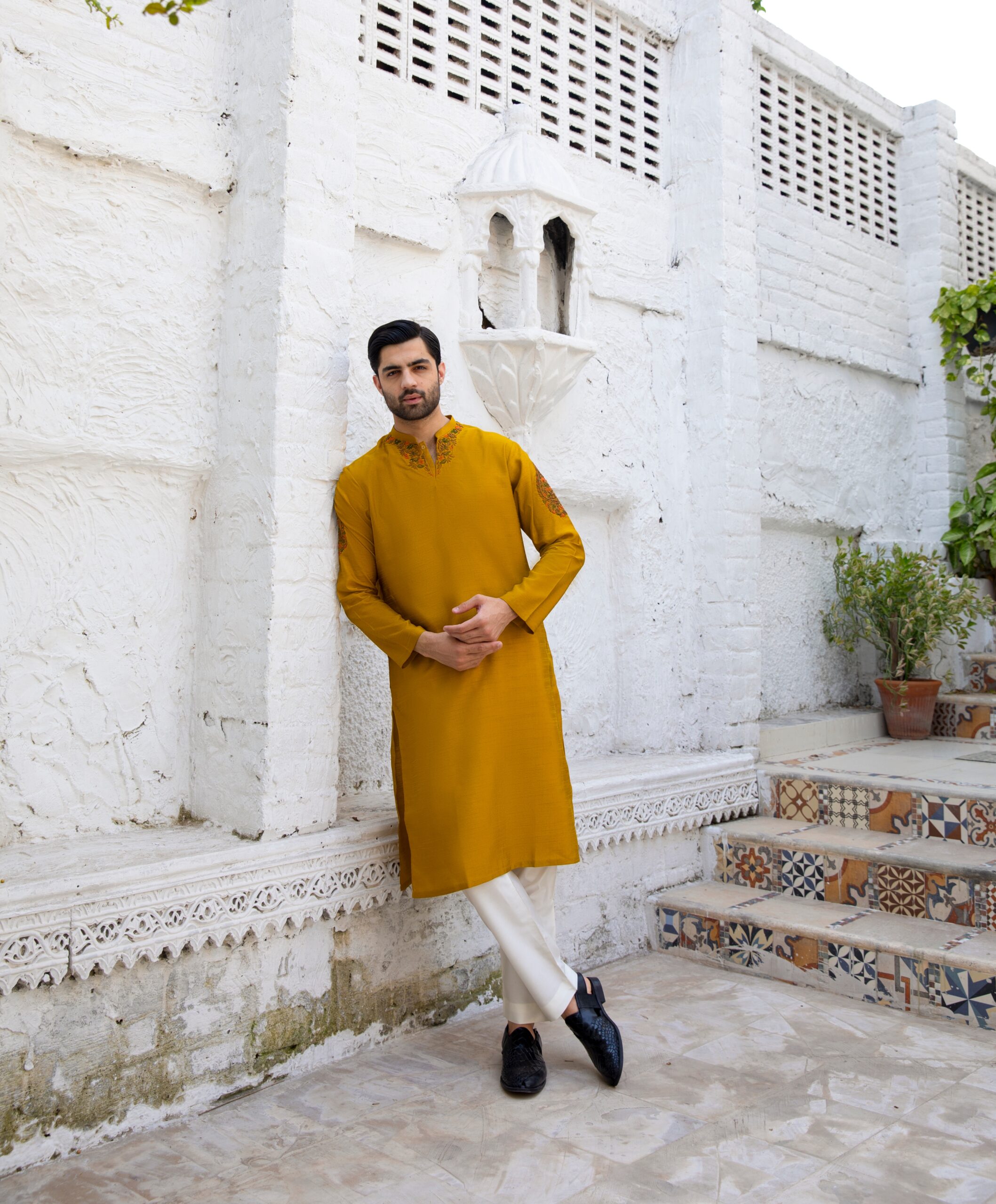 Mustard Embroidered Raw Silk Men’s Kurta (2-Piece) - Image 1