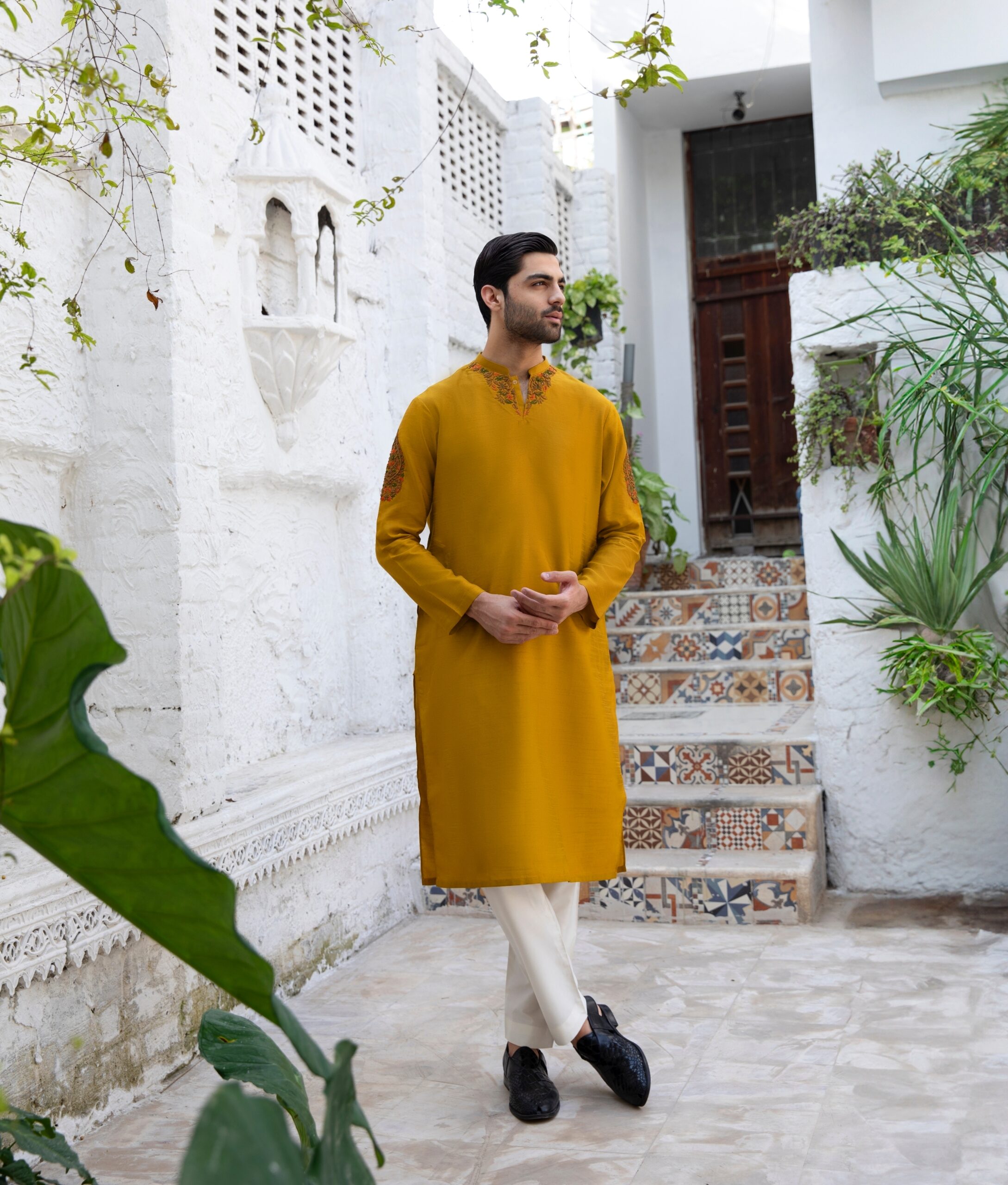 Mustard Embroidered Raw Silk Men’s Kurta (2-Piece) - Image 2