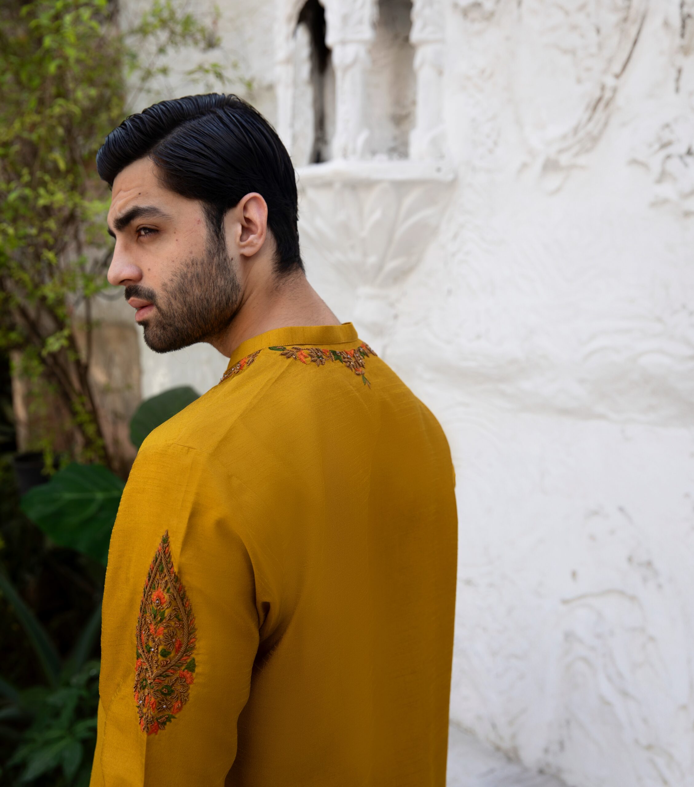 Mustard Embroidered Raw Silk Men’s Kurta (2-Piece) - Image 3