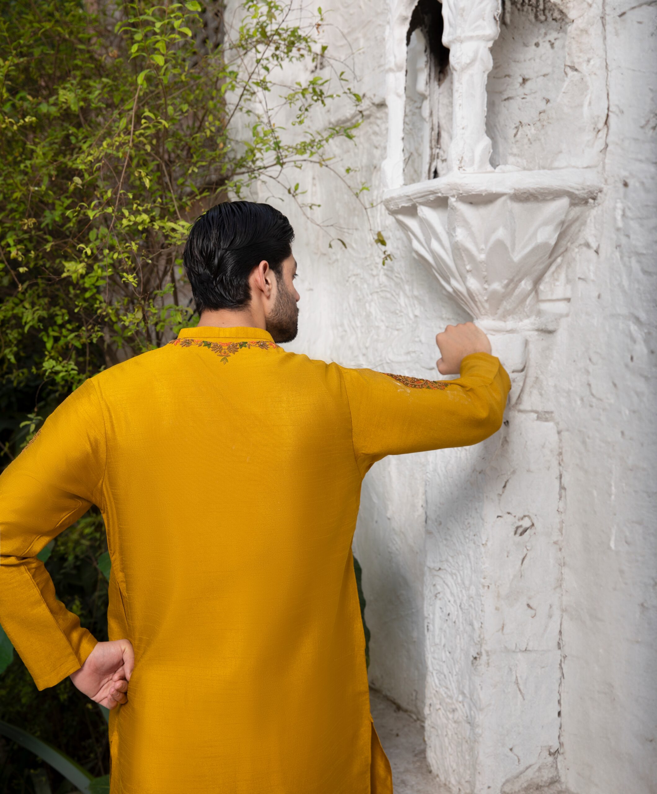 Mustard Embroidered Raw Silk Men’s Kurta (2-Piece) - Image 5