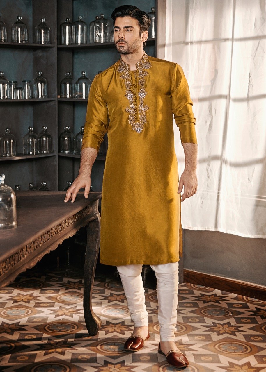 Mustard Embroidered Korean Rawsilk Kurta (2-Piece) - Image 1