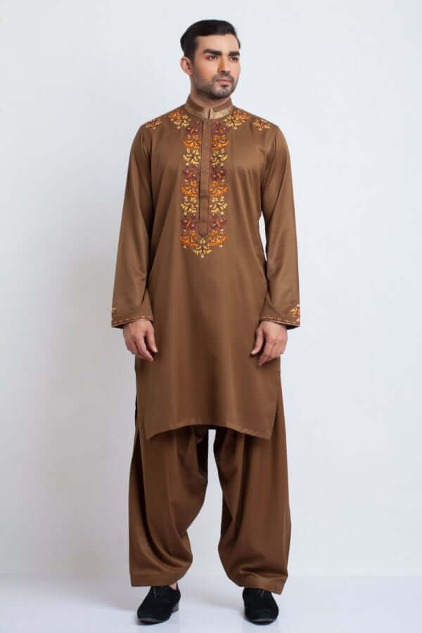 Mustard Brown Threadwork Shalwar Kameez (2-Piece) - Image 1