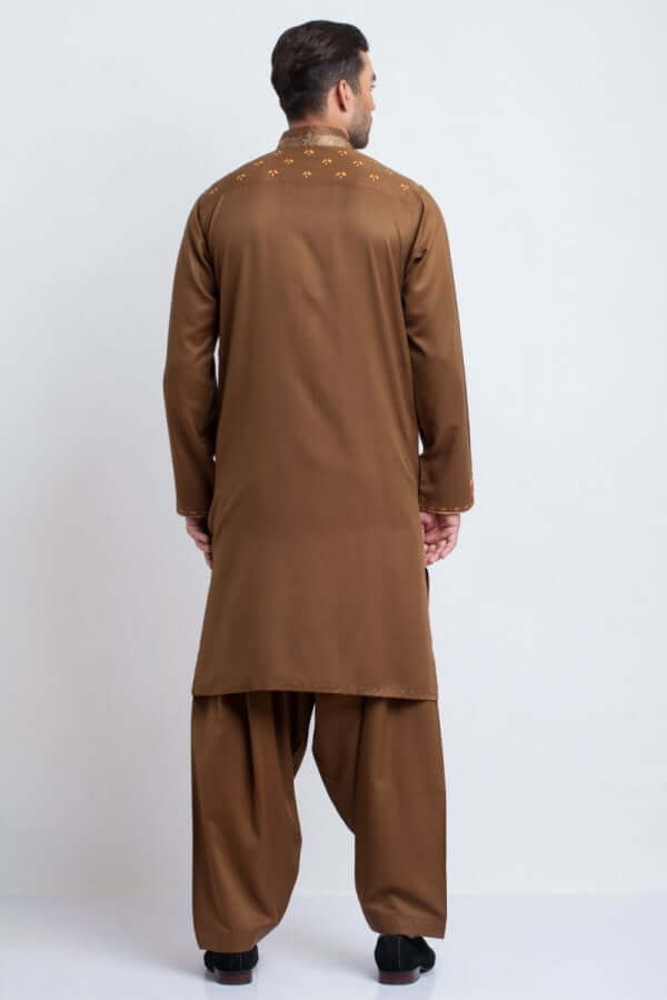 Mustard Brown Threadwork Shalwar Kameez (2-Piece) - Image 2