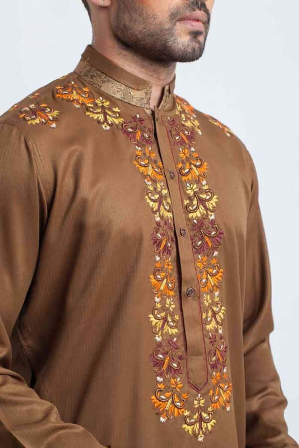 Mustard Brown Threadwork Shalwar Kameez (2-Piece) - Image 3