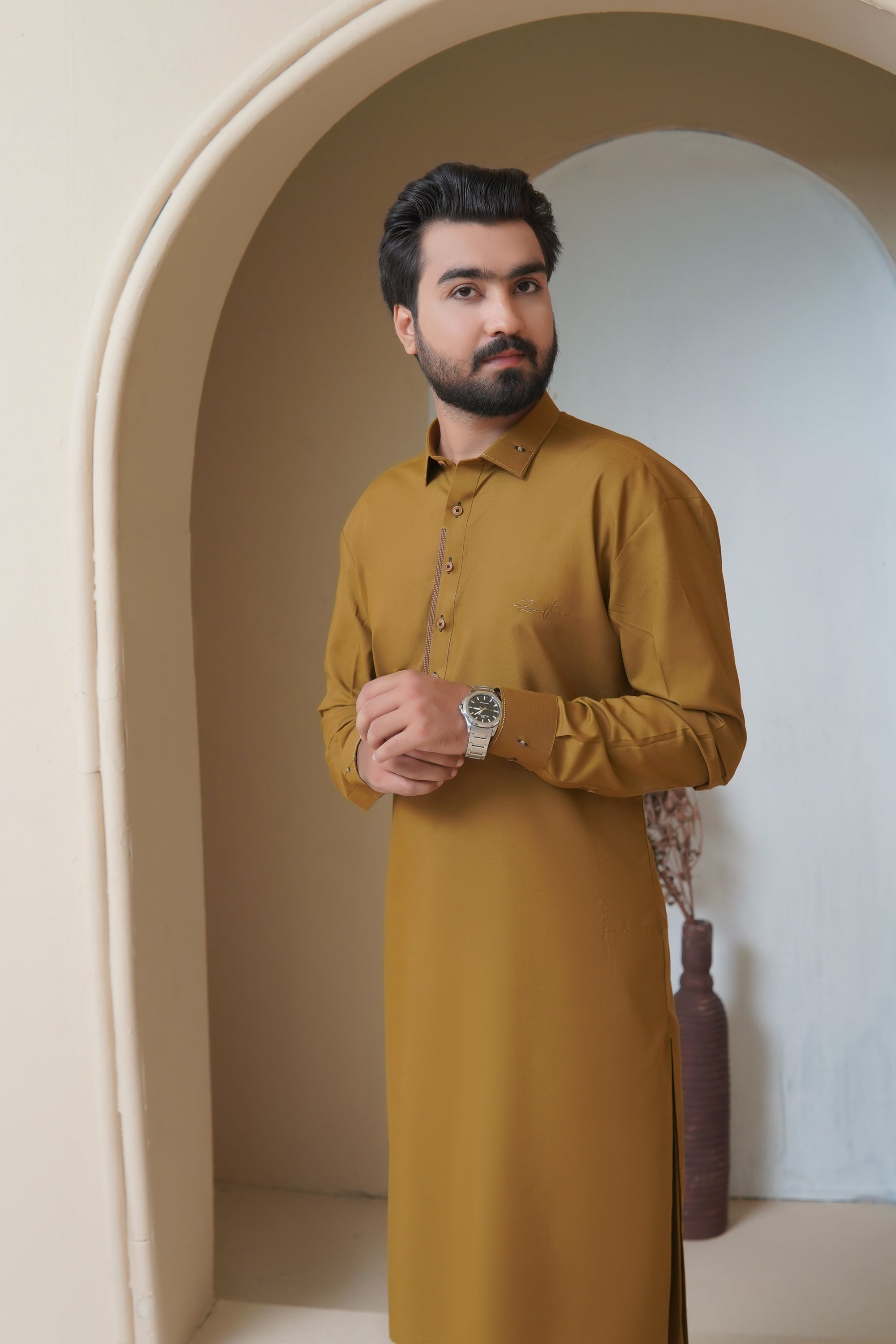 Mustard Ochre Wash & Wear Shalwar Kameez (2-Piece) - Image 3